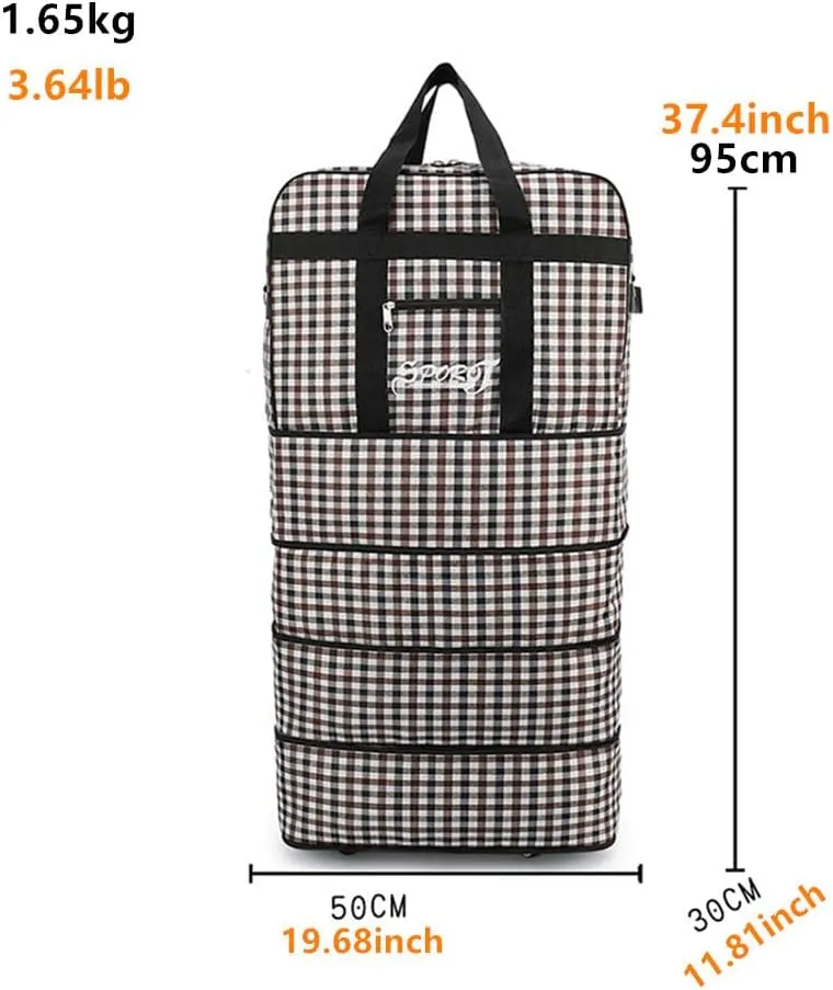 Expandable Extra Large Travel Oxford Duffel Bag with Wheels Waterproof Lightweight Traveling Foldable Suitcase (Grid Oxford, L - 6 wheels)