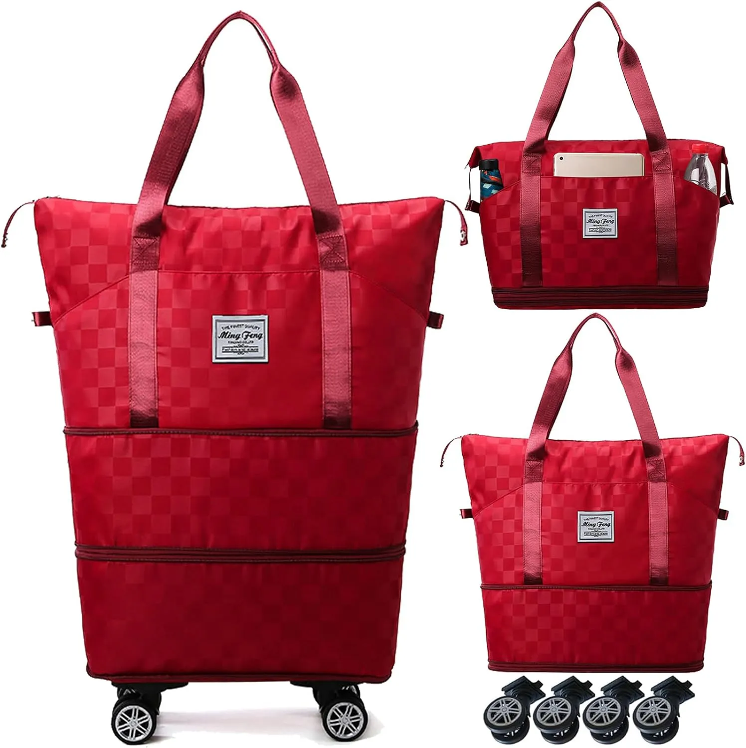 Expandable Foldable Duffel Bag Suitcases,Detachable Rolling Wheels,Rolling Duffle Bag with Wheels,Suitcases with Wheels,Carry on Luggage,Gift for Men Women Lightweight Suitcases (Red)