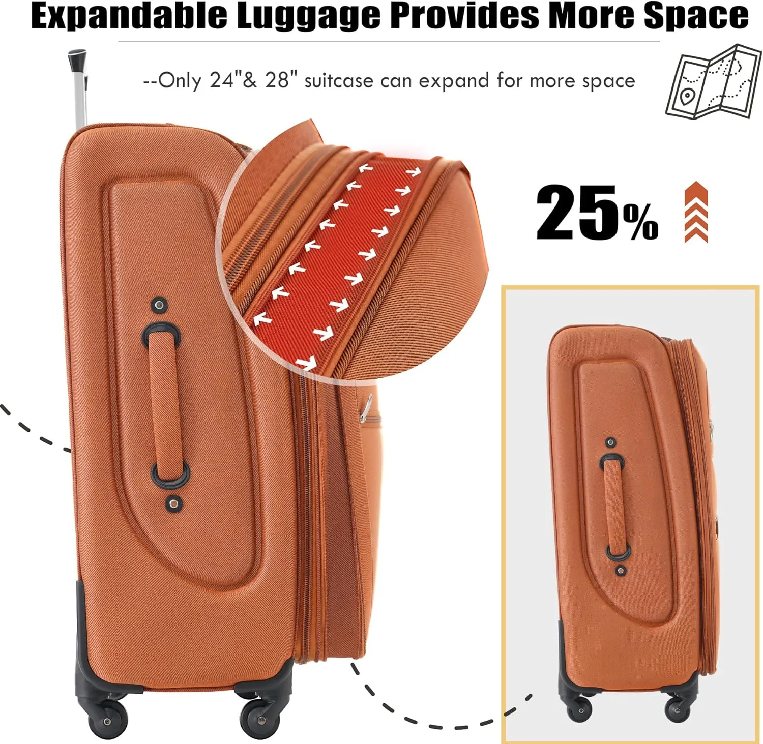 Expandable Softside Luggage Sets, 3 Piece Suitcase with Duffel Bag, Upright Spinner Suitcase Sets, Lightweight Durable Softshell Travel Set TSA Lock, 20"/24"/28", Orange