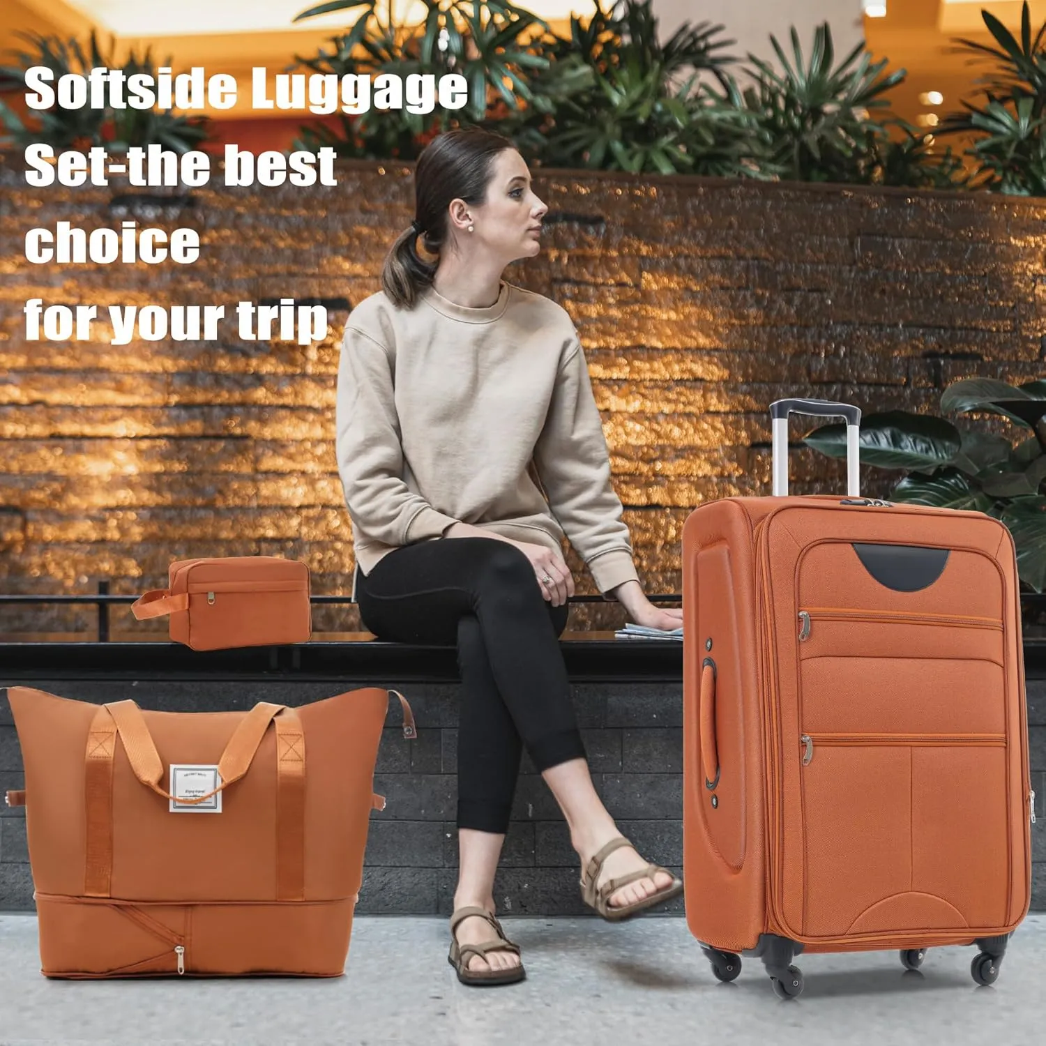 Expandable Softside Luggage Sets, 3 Piece Suitcase with Duffel Bag, Upright Spinner Suitcase Sets, Lightweight Durable Softshell Travel Set TSA Lock, 20"/24"/28", Orange