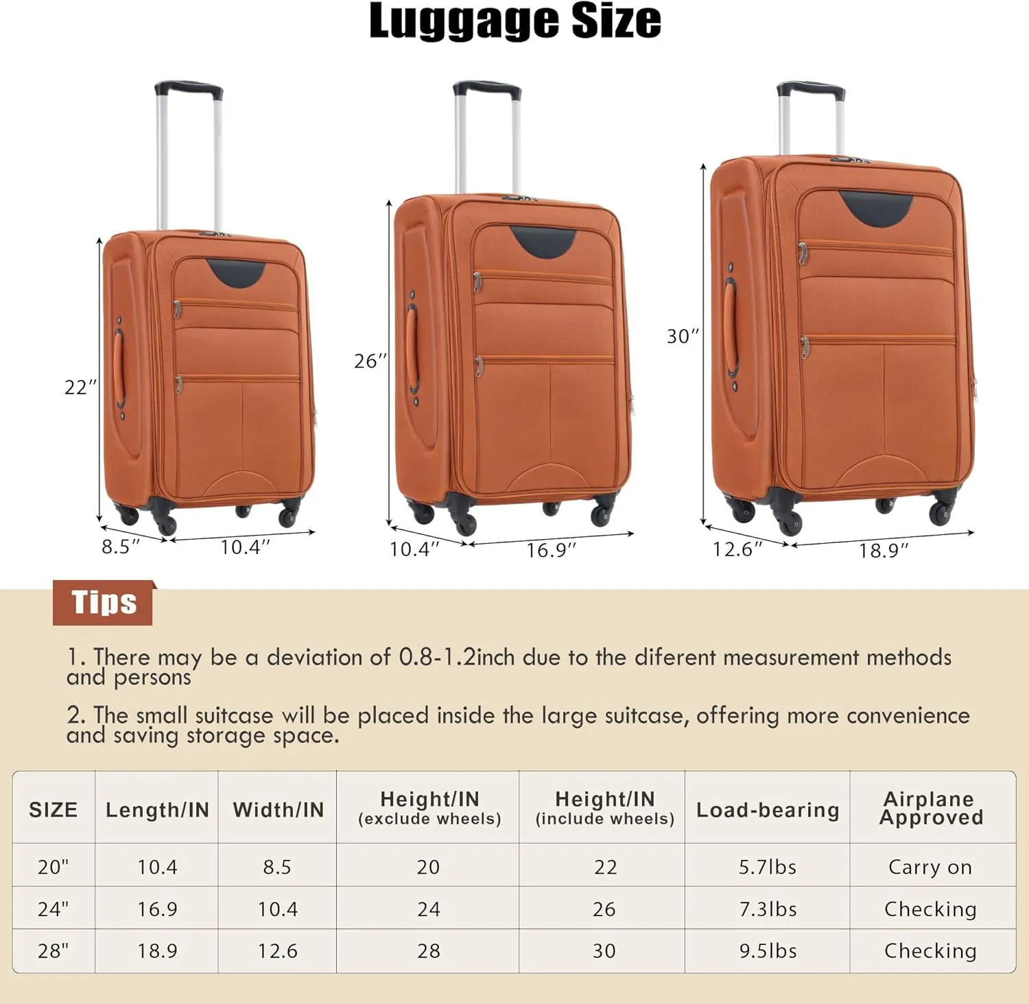 Expandable Softside Luggage Sets, 3 Piece Suitcase with Duffel Bag, Upright Spinner Suitcase Sets, Lightweight Durable Softshell Travel Set TSA Lock, 20"/24"/28", Orange