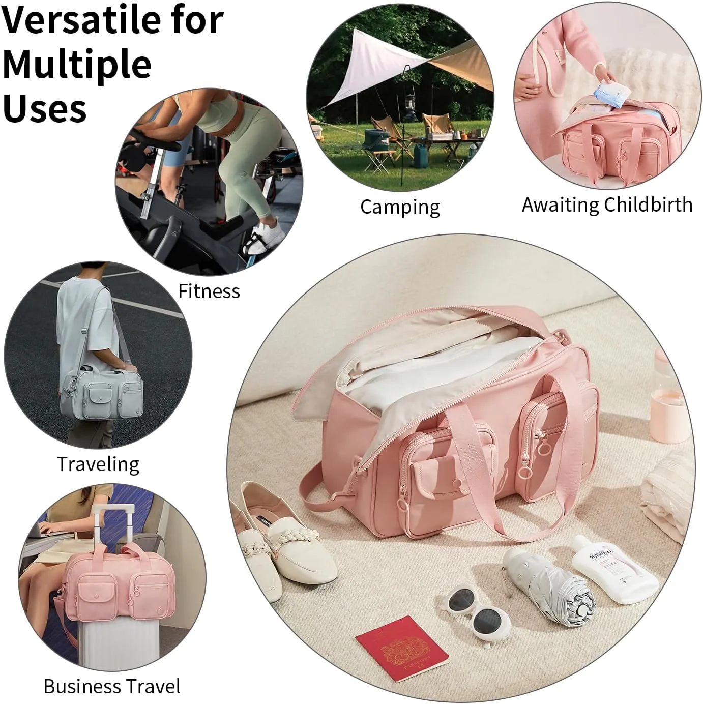 Expandable Travel Duffel Bag, Pink Duffle Bag for Travel with Wet Pocket, Carry on Weekender Bags for Men Women, Water Resistant Gym Duffel Bag Sport Bag