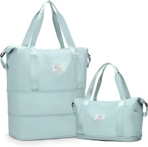 Expandable Travel Duffle Bag for Women Men, Large Gym Bag Travel Tote Bags, Waterproof Carry On Personal Item Bag Airline Approved, Overnight Workout Weekender Bag with Luggage Sleeve, Light Blue
