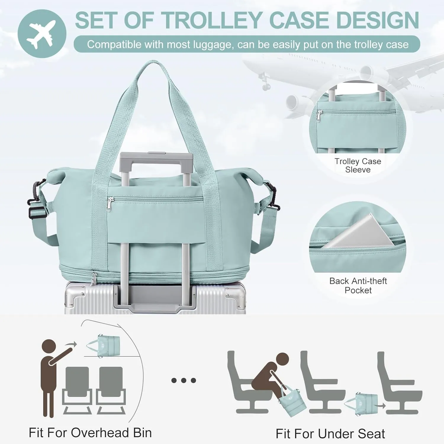 Expandable Travel Duffle Bag for Women Men, Large Gym Bag Travel Tote Bags, Waterproof Carry On Personal Item Bag Airline Approved, Overnight Workout Weekender Bag with Luggage Sleeve, Light Blue