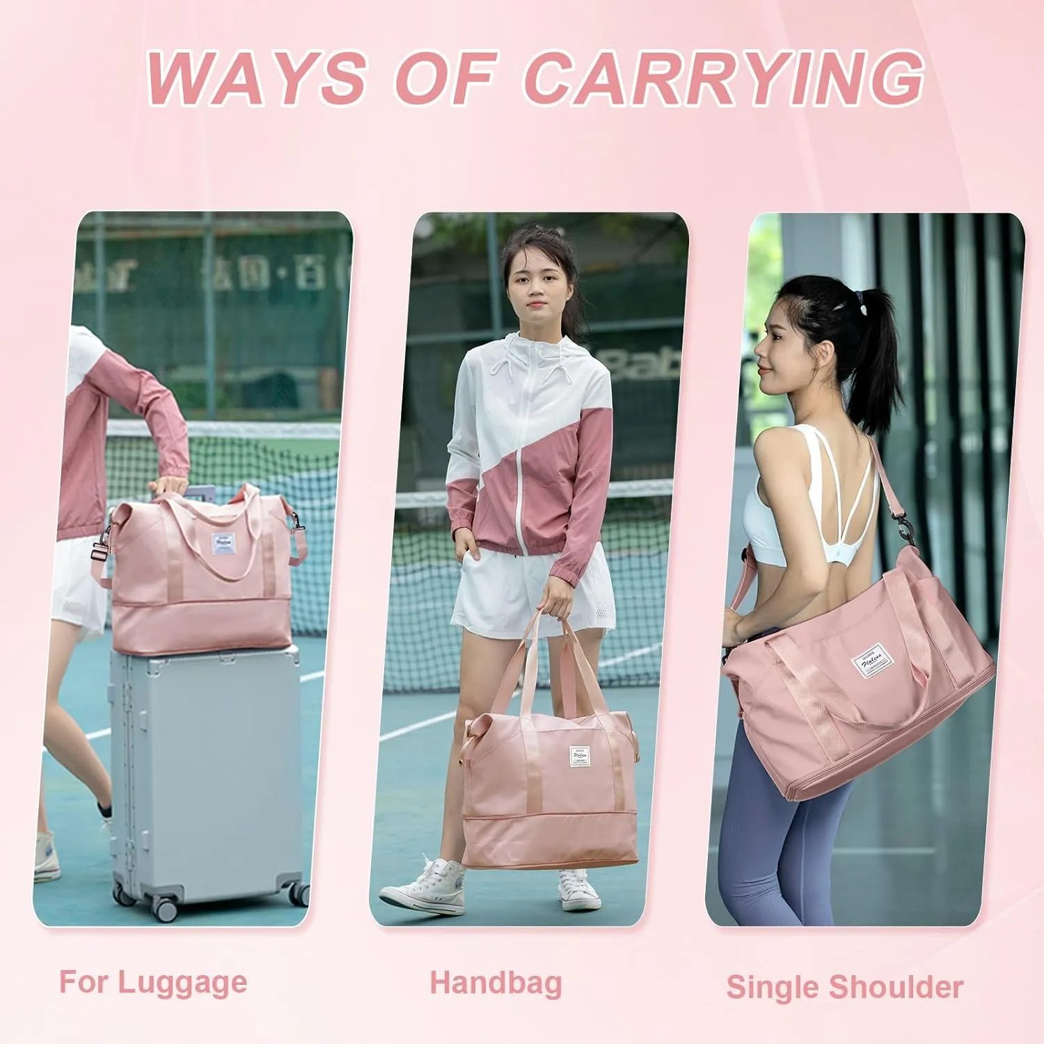 Expandable Travel Duffle Bag for Women Men, Large Gym Bag Travel Tote Bags, Waterproof Carry On Personal Item Bag Airline Approved, Workout Weekender Bag for Overnight Trips with Luggage Sleeve, Pink