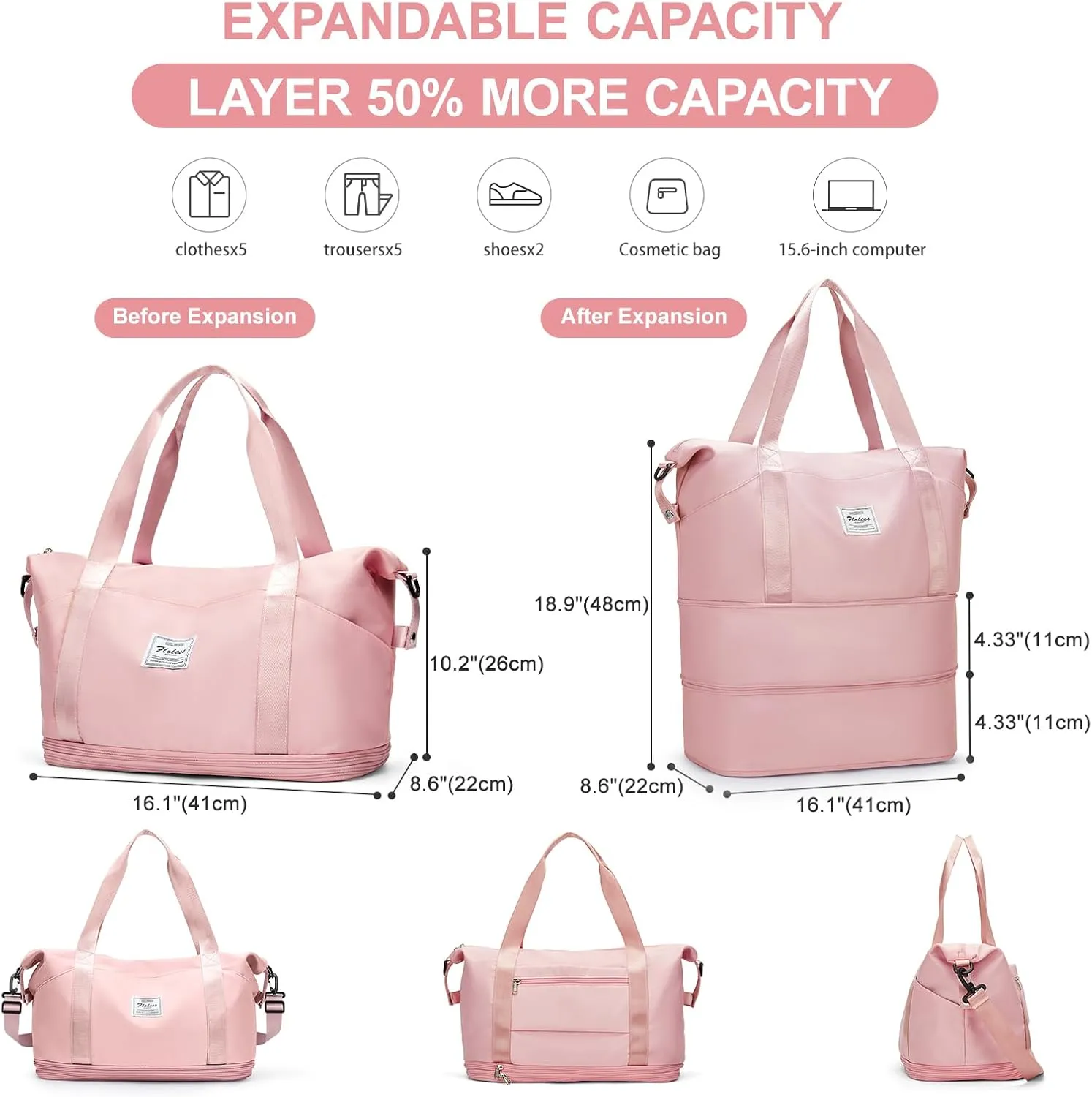 Expandable Travel Duffle Bag for Women Men, Large Gym Bag Travel Tote Bags, Waterproof Carry On Personal Item Bag Airline Approved, Workout Weekender Bag for Overnight Trips with Luggage Sleeve, Pink