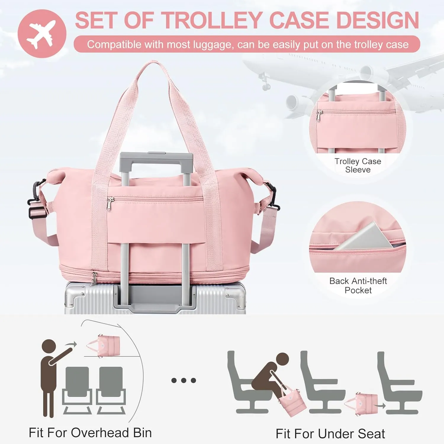 Expandable Travel Duffle Bag for Women Men, Large Gym Bag Travel Tote Bags, Waterproof Carry On Personal Item Bag Airline Approved, Workout Weekender Bag for Overnight Trips with Luggage Sleeve, Pink