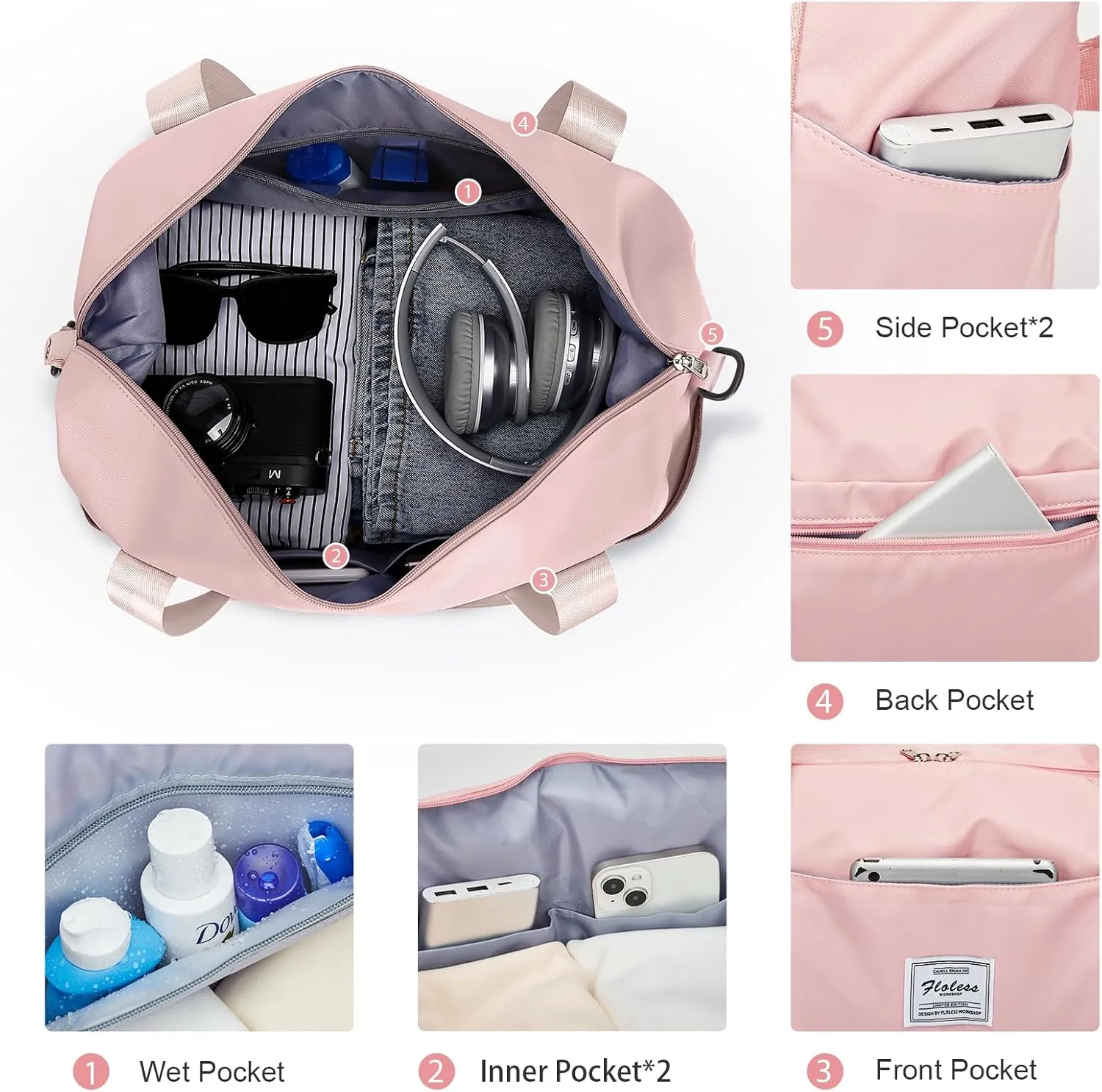 Expandable Travel Duffle Bag for Women Men, Large Gym Bag Travel Tote Bags, Waterproof Carry On Personal Item Bag Airline Approved, Workout Weekender Bag for Overnight Trips with Luggage Sleeve, Pink