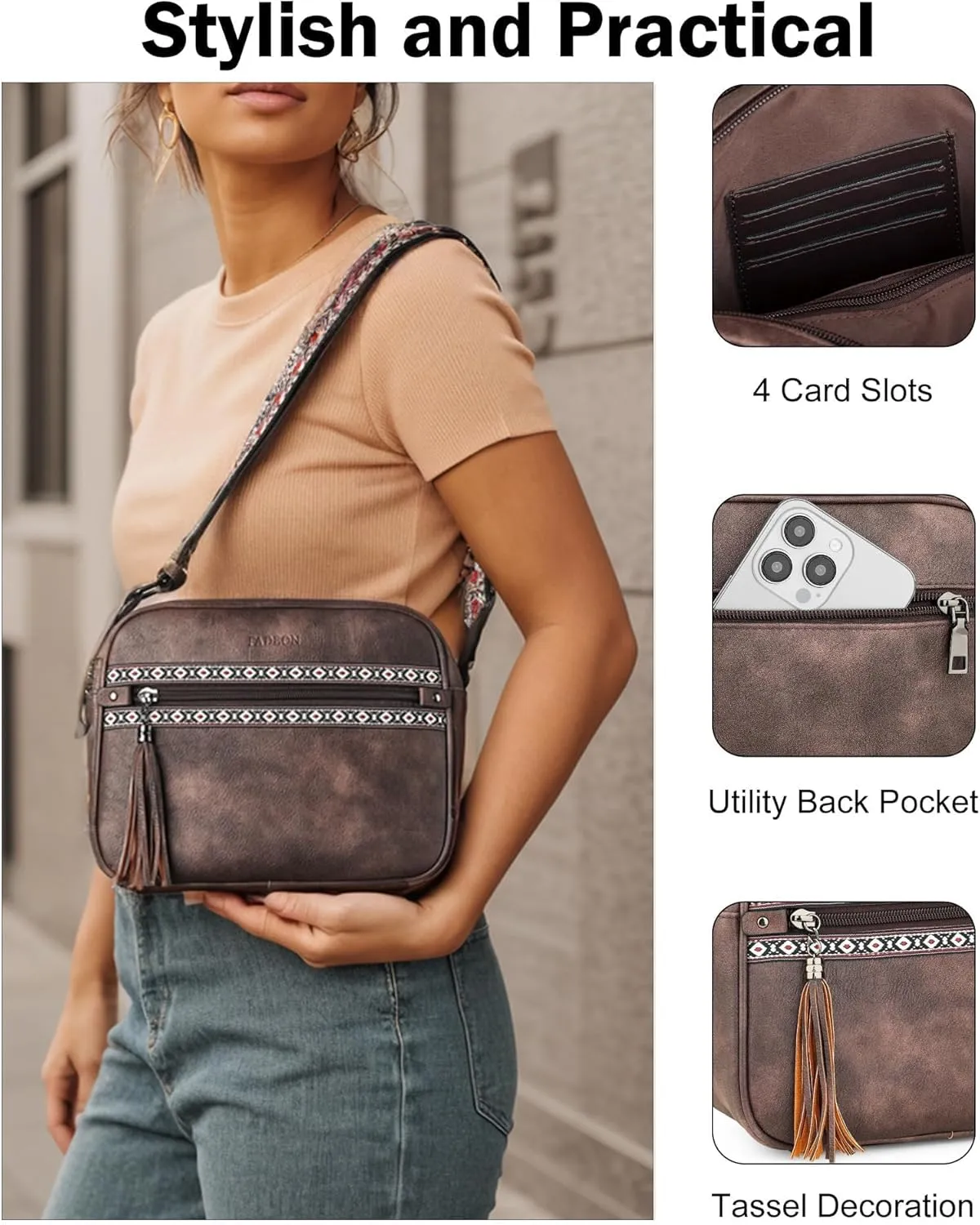 FADEON Crossbody Bags for Women Designer Vegan Leather Crossbody Purse Multi-pocket Medium Shoulder Bag with Card Slots