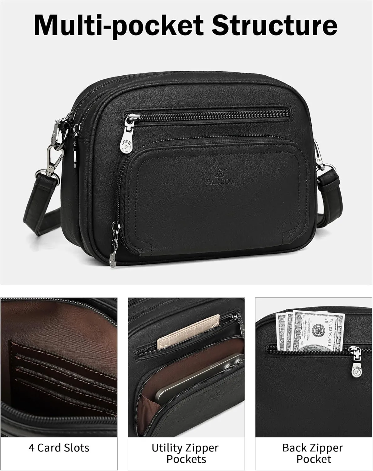 FADEON Crossbody Bags for Women Multi-pocket Leather Crossbody Purses, Designer Shoulder Bag Adjustable Removable Strap