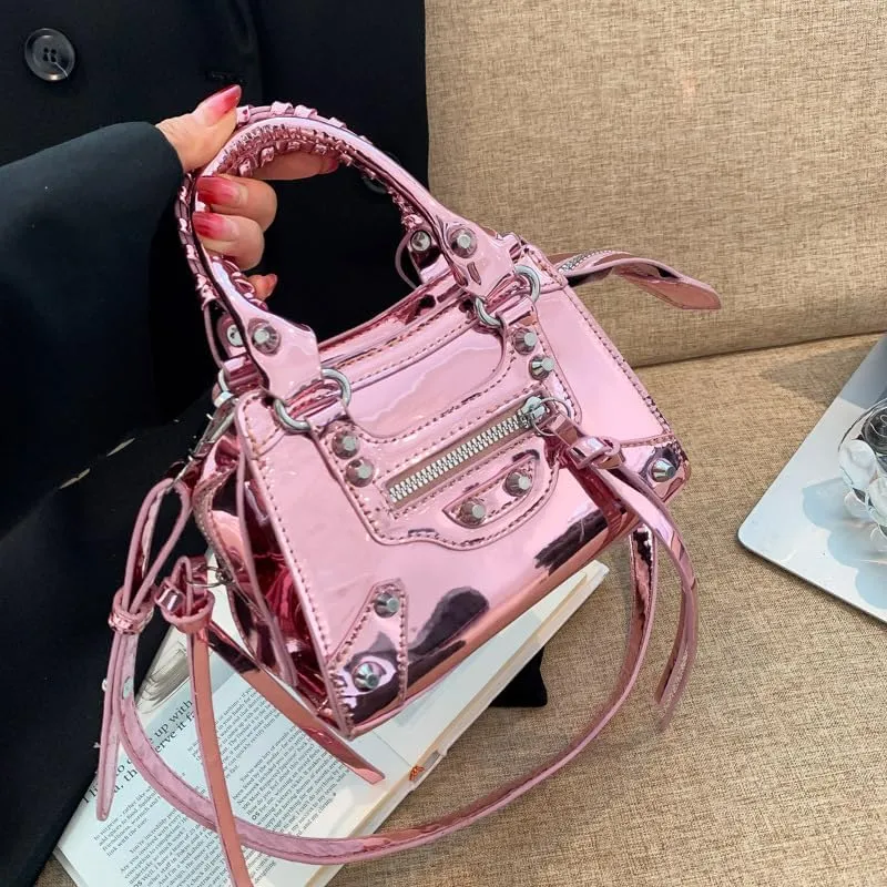 Fashion Crossbody Bag for Women, Shiny Y2K Shoulder Bag Handbags Top Handle Bag Women Ladies Grunge Sling Purse Casual (pink colour)
