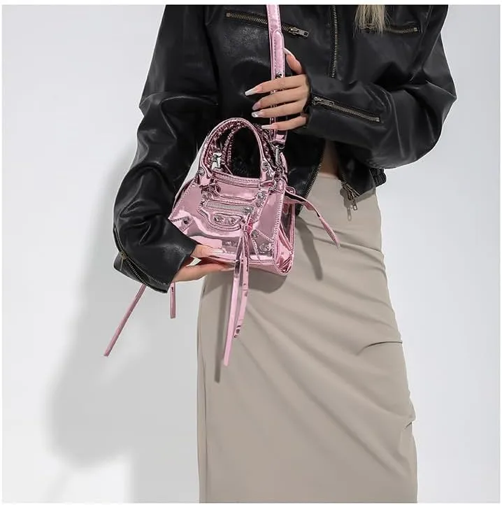 Fashion Crossbody Bag for Women, Shiny Y2K Shoulder Bag Handbags Top Handle Bag Women Ladies Grunge Sling Purse Casual (pink colour)