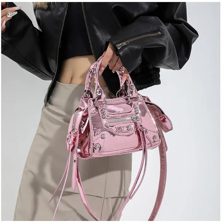 Fashion Crossbody Bag for Women, Shiny Y2K Shoulder Bag Handbags Top Handle Bag Women Ladies Grunge Sling Purse Casual (pink colour)