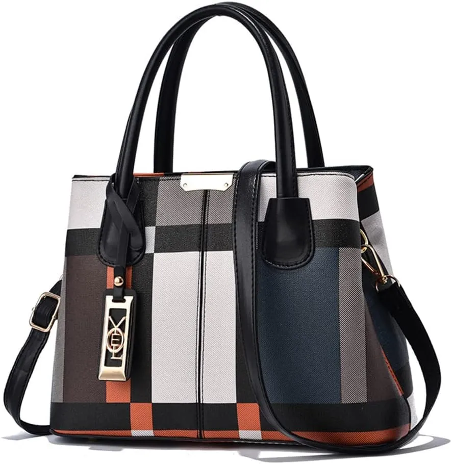 Fashion Plaid Satchel Handbag for Women - Large Top Handle Purse & Crossbody Bag with Zipper Closure