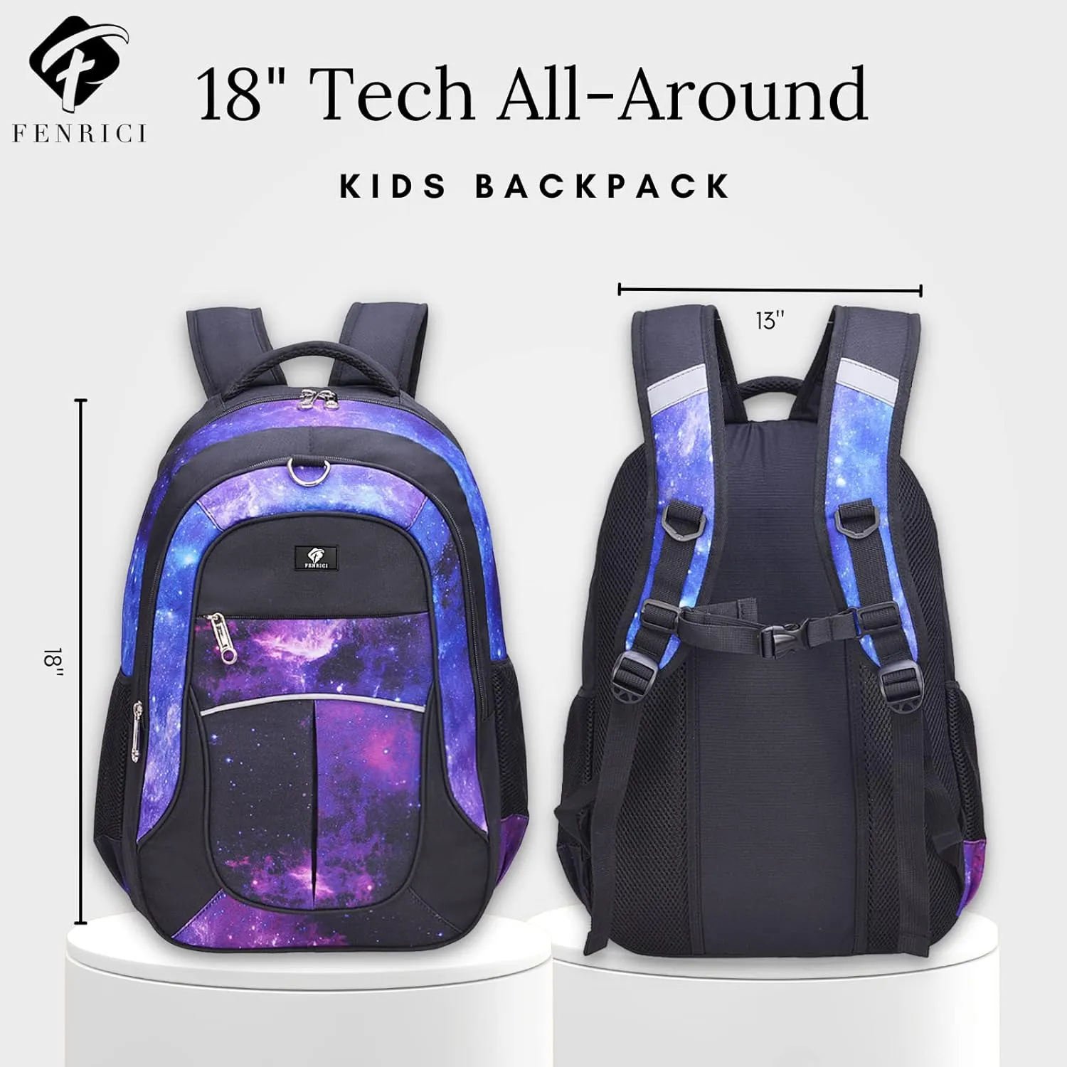Fenrici Large Kids Backpack for Boys, Girls, 18 Inch Book Bags, 10 Compartments, 360° Laptop Protection