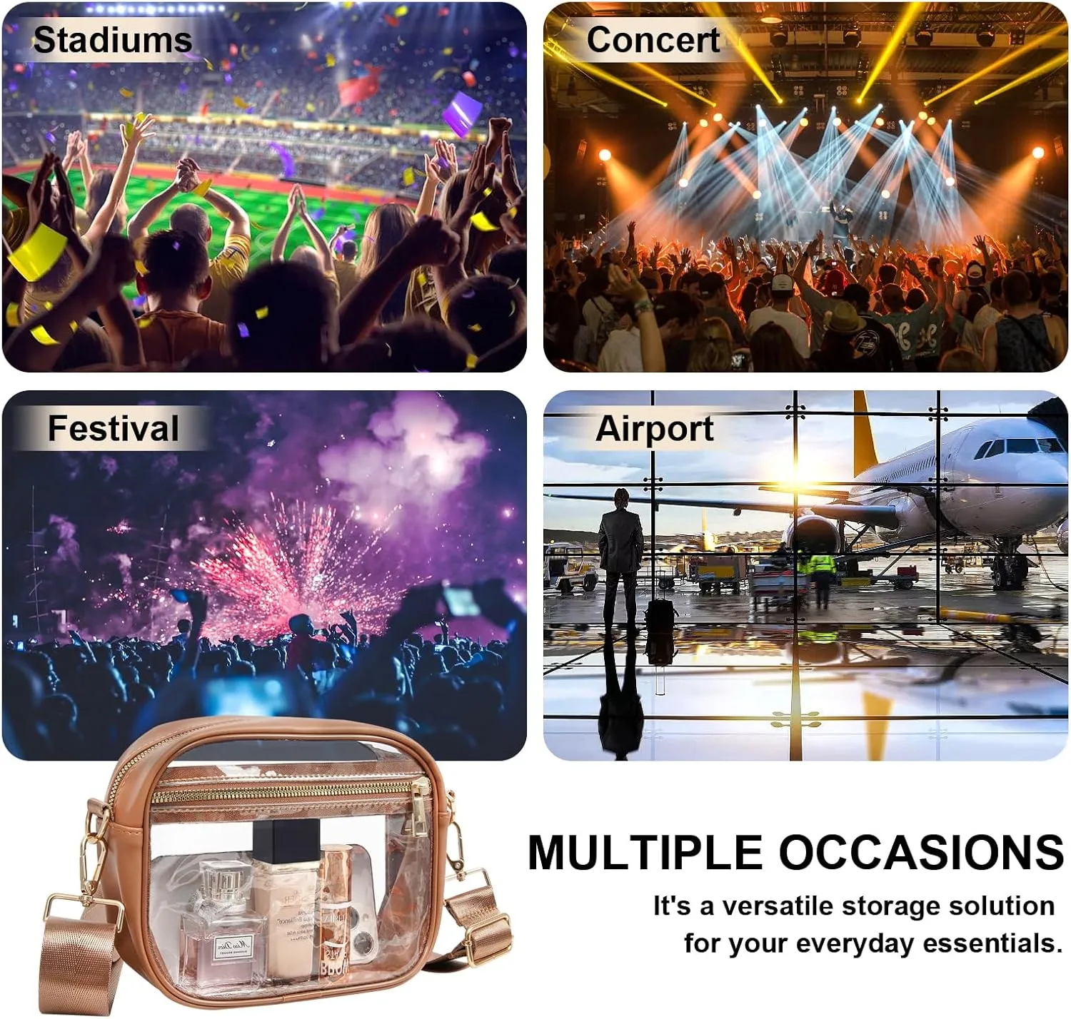 Fibrdoo Clear Bag Stadium Approved, Leather Clear Crossbody Purse Bag for Concerts Sports Events Festivals