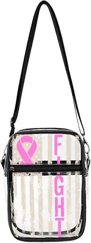 Fight Breast Cancer Awareness U.S. Flag Clear Purse Stadium Crossbody Bags with Adjustable and Removable Strap Shoulder Handbags