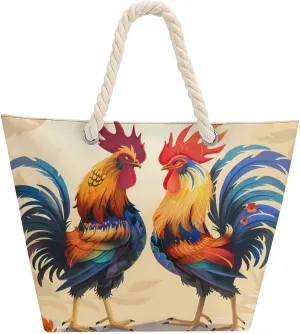 Fighting Morning Rooster Cock Beach Bag Large Tote Bags Shopping Travel Gym Handbags with Rope Handles