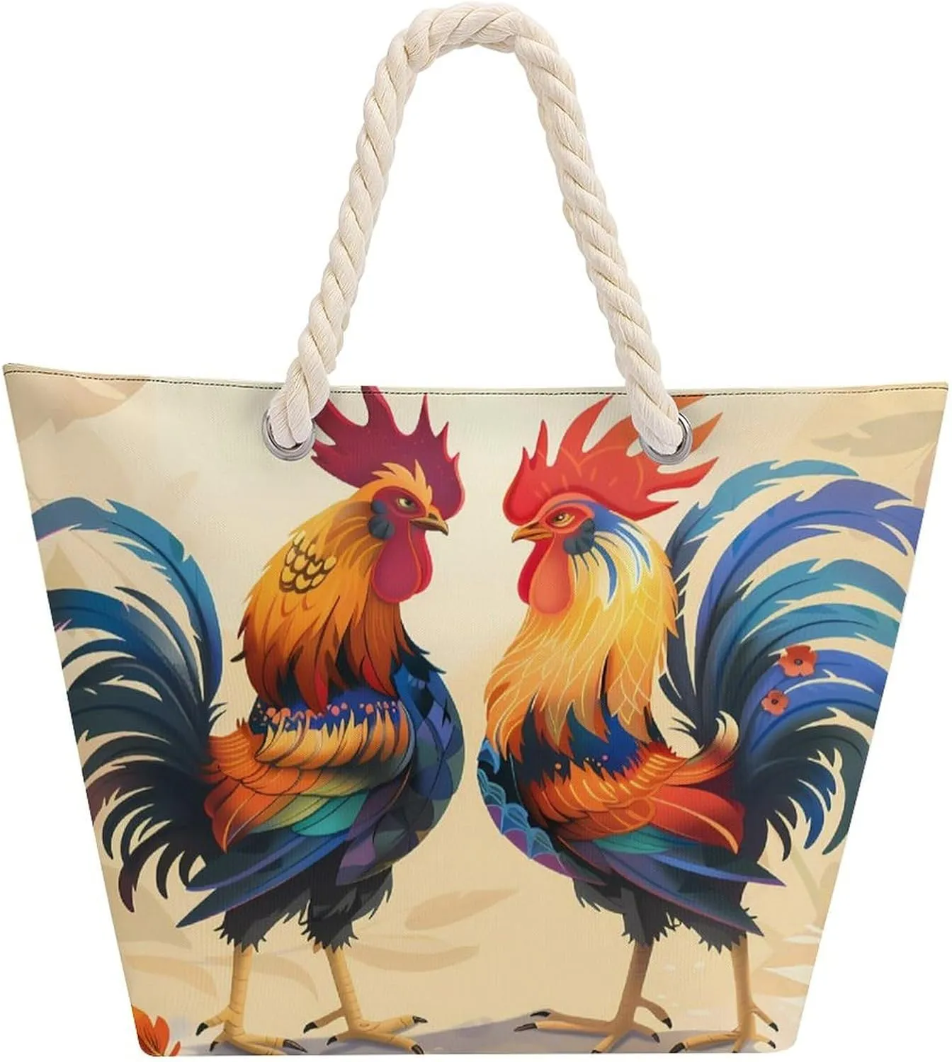 Fighting Morning Rooster Cock Beach Bag Large Tote Bags Shopping Travel Gym Handbags with Rope Handles