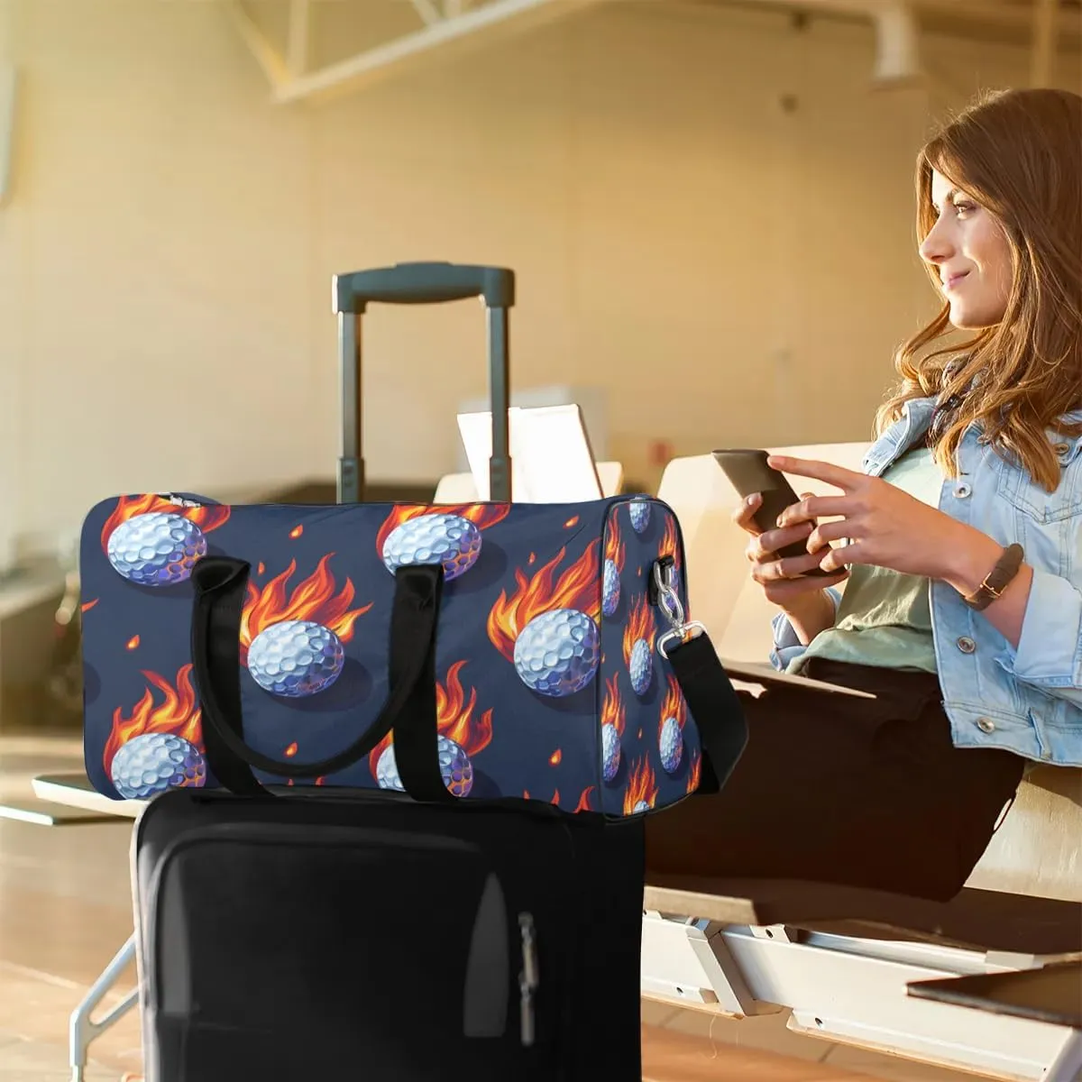Fire Golf Ball Foldable Lightweight Duffle Bag for Travel - Waterproof Carry On Bags for Airplanes, Travel Duffel Bags for Gym, Weekend