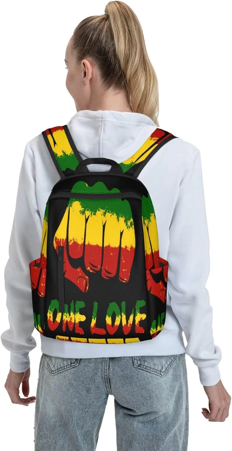 Fist One Loves Rasta Reggae Jamaica Roots Casual Backpacks Laptop Backpack Outdoor Travel Rucksack Sport Carry-On Daypack Lightweight Bag with Multi-Pockets