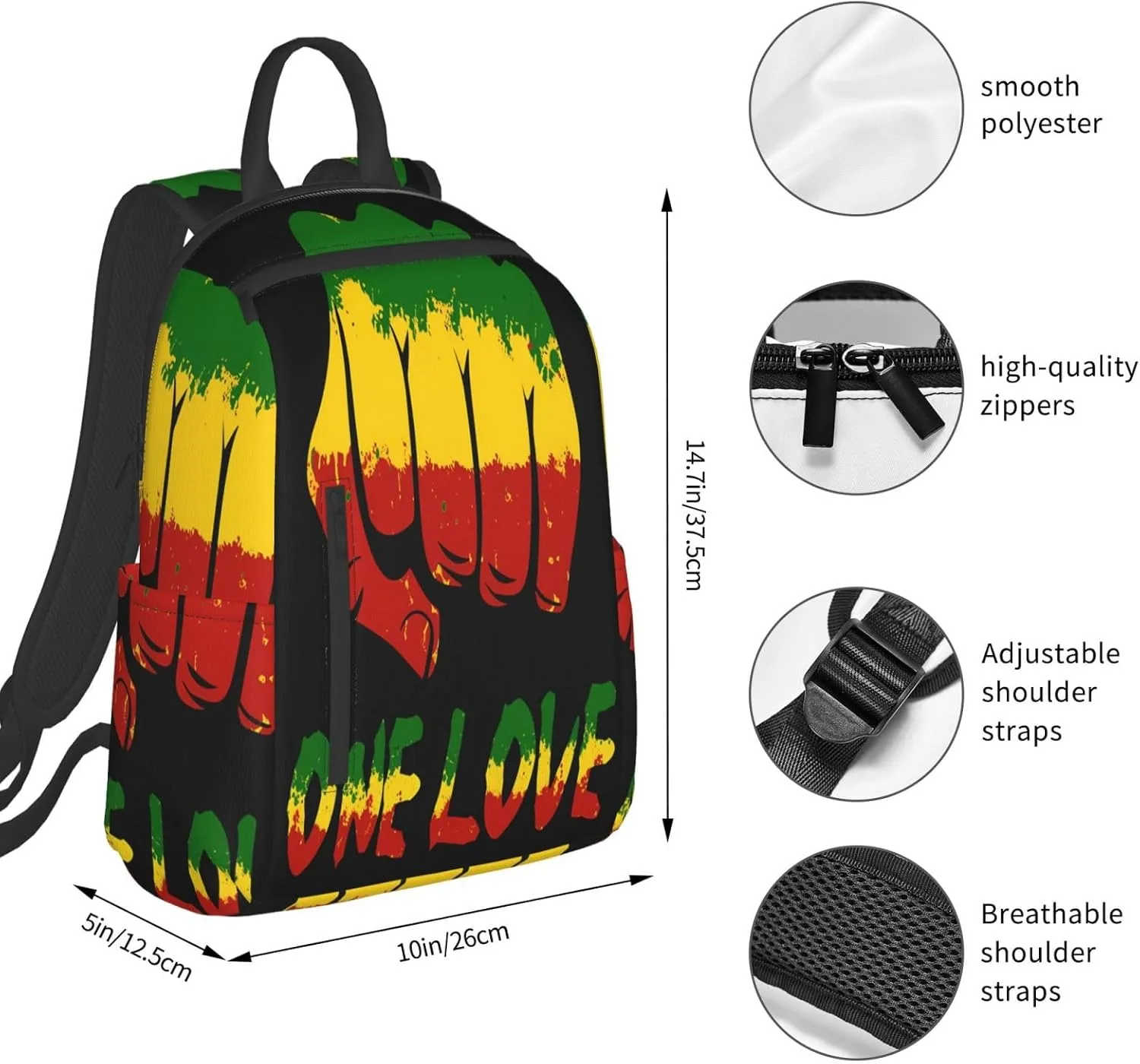 Fist One Loves Rasta Reggae Jamaica Roots Casual Backpacks Laptop Backpack Outdoor Travel Rucksack Sport Carry-On Daypack Lightweight Bag with Multi-Pockets