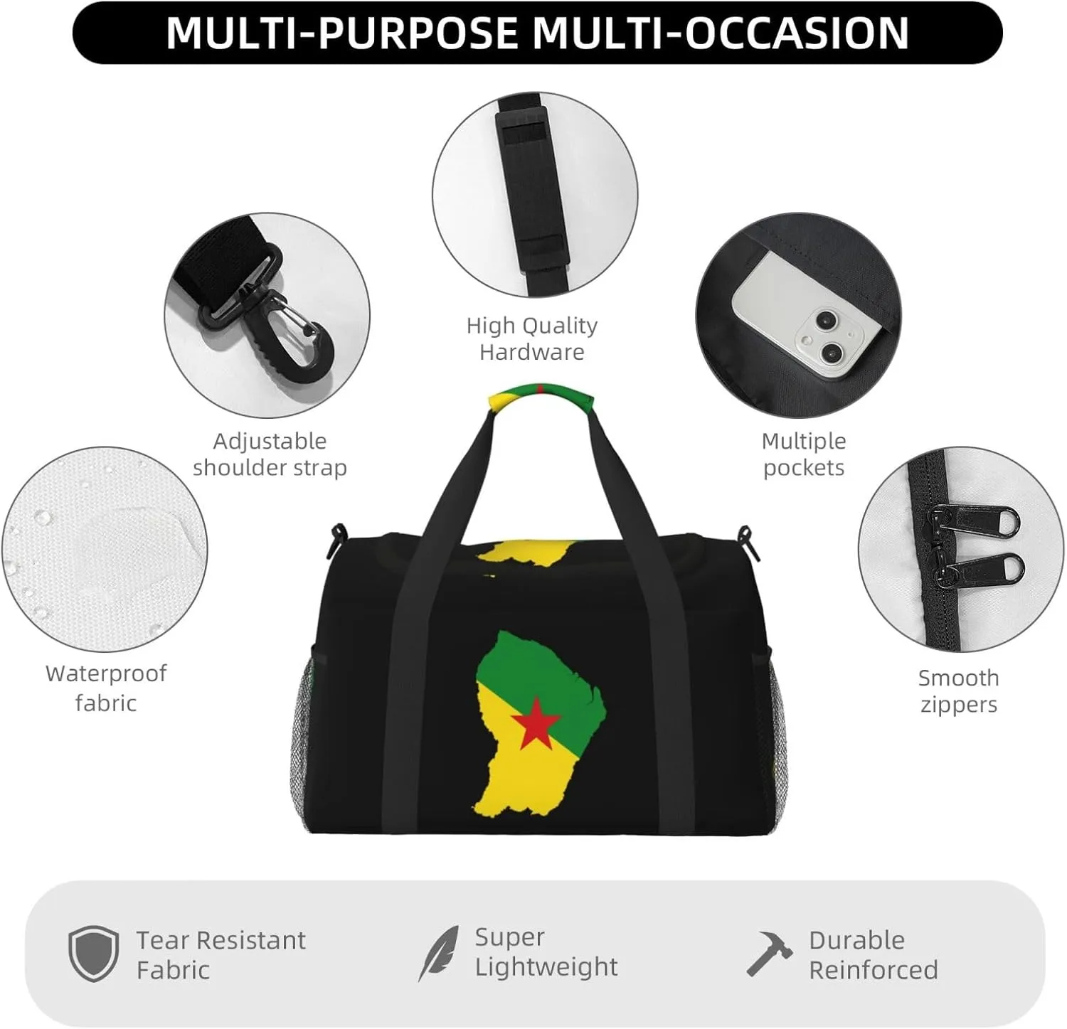 Flag Map Of Guiana Travel Duffel Bag Large Foldable Waterproof Overnight Bag For Beach Swim Bags Pool Sports Gym