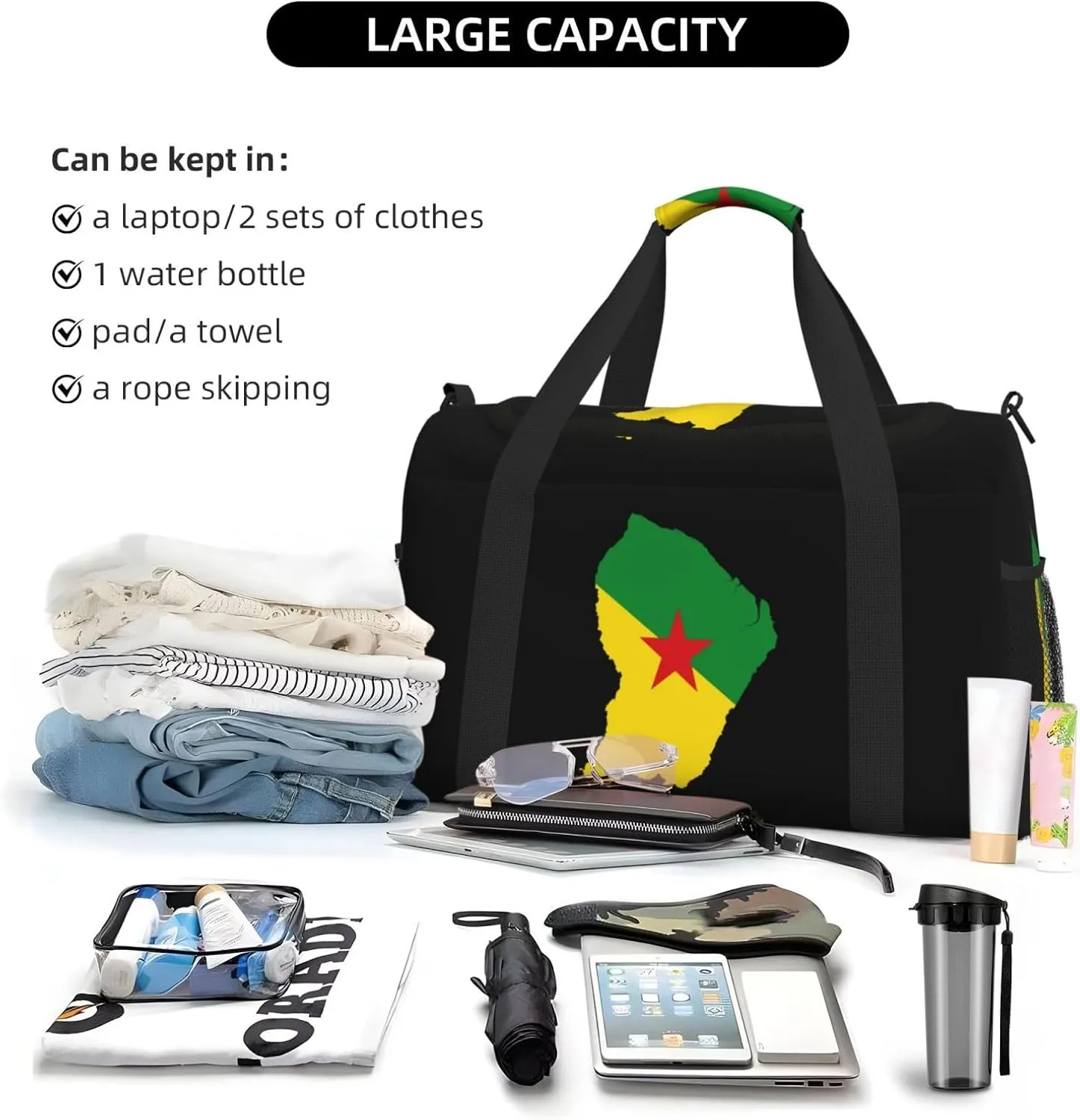 Flag Map Of Guiana Travel Duffel Bag Large Foldable Waterproof Overnight Bag For Beach Swim Bags Pool Sports Gym