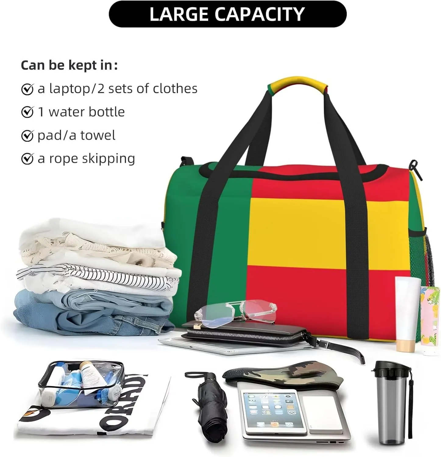 Flag Of Benin Travel Duffel Bag Large Foldable Waterproof Overnight Bag For Beach Swim Bags Pool Sports Gym