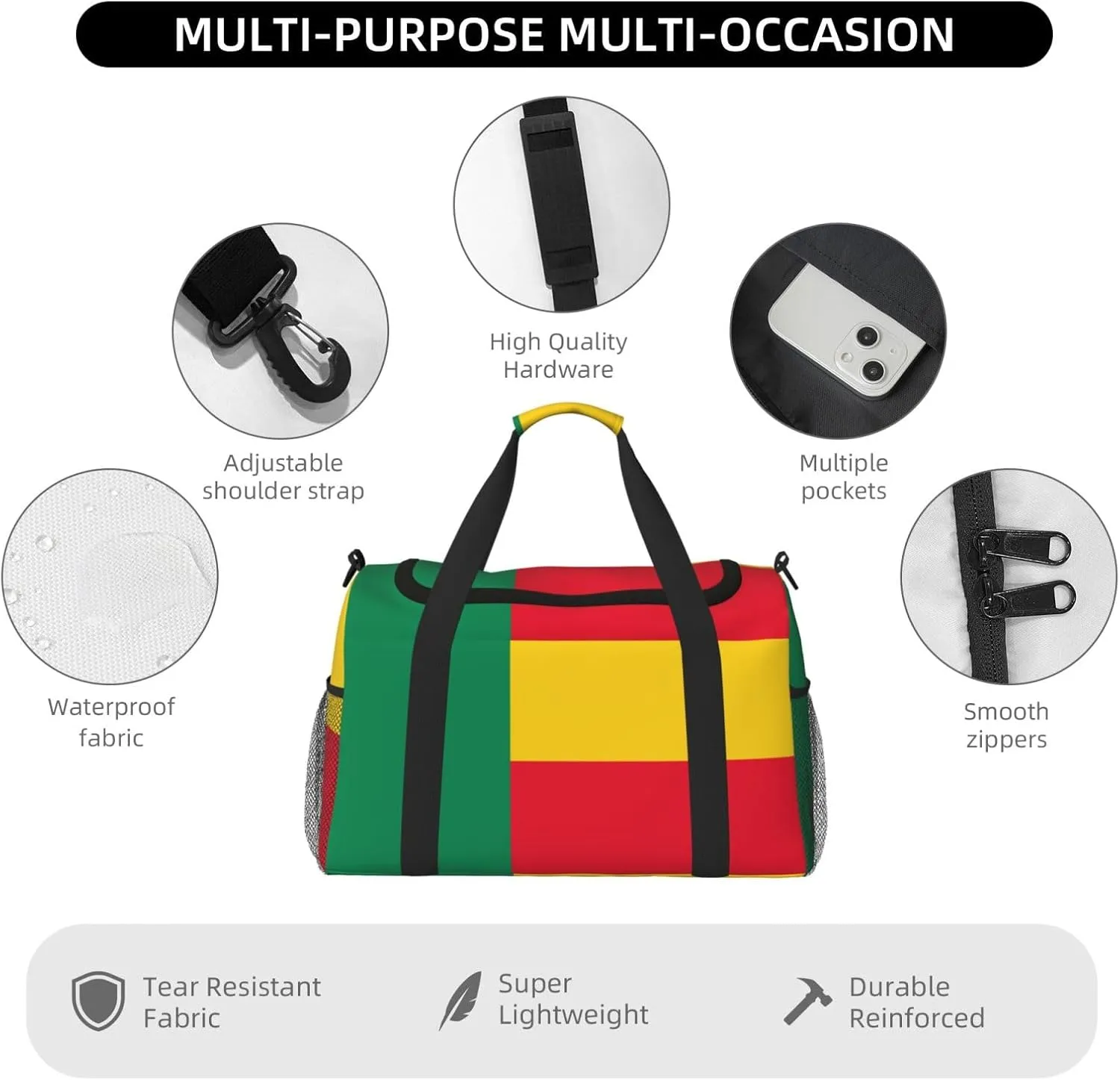 Flag Of Benin Travel Duffel Bag Large Foldable Waterproof Overnight Bag For Beach Swim Bags Pool Sports Gym