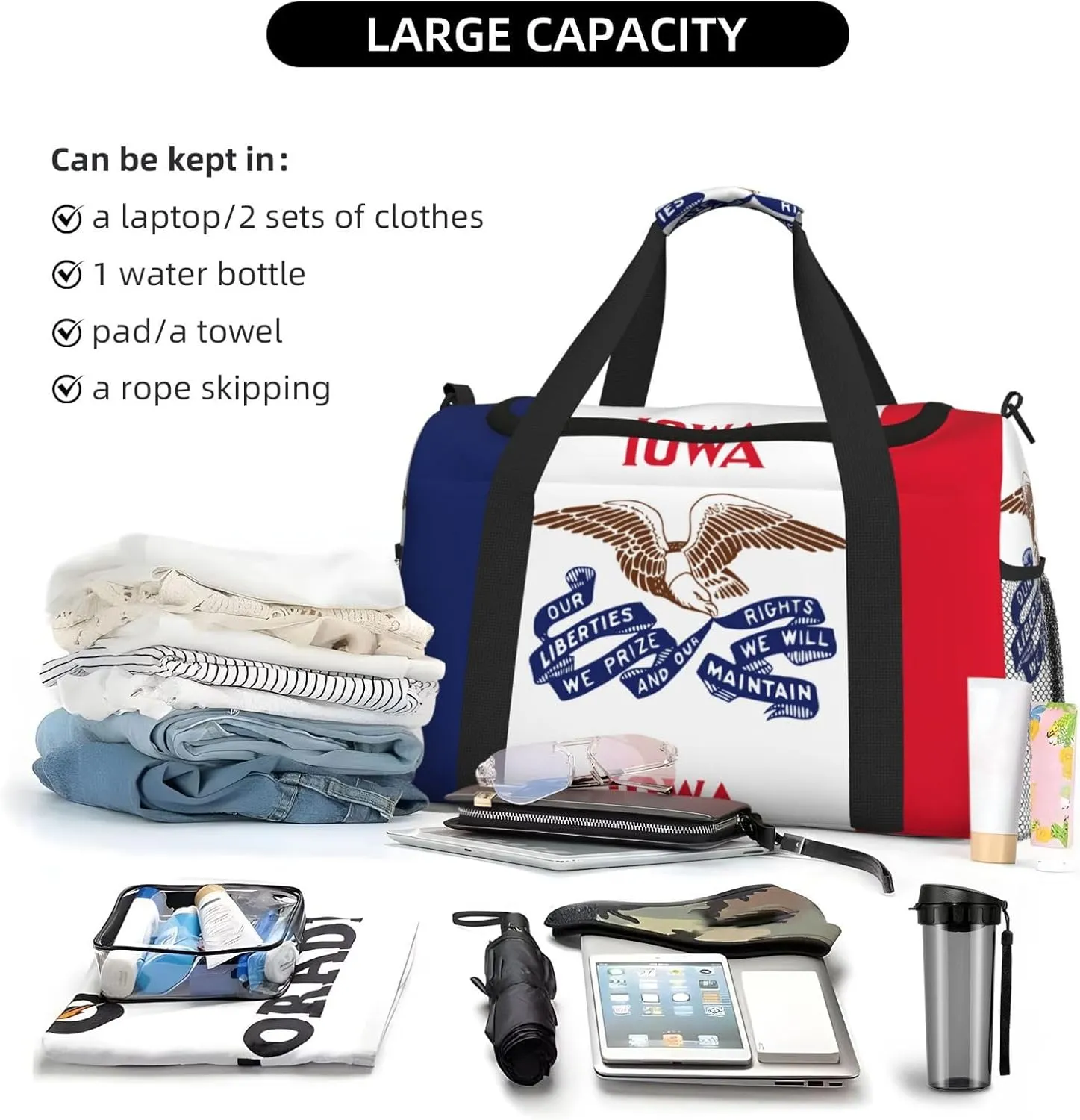 Flag Of Iowa Travel Duffel Bag Large Foldable Waterproof Overnight Bag For Beach Swim Bags Pool Sports Gym