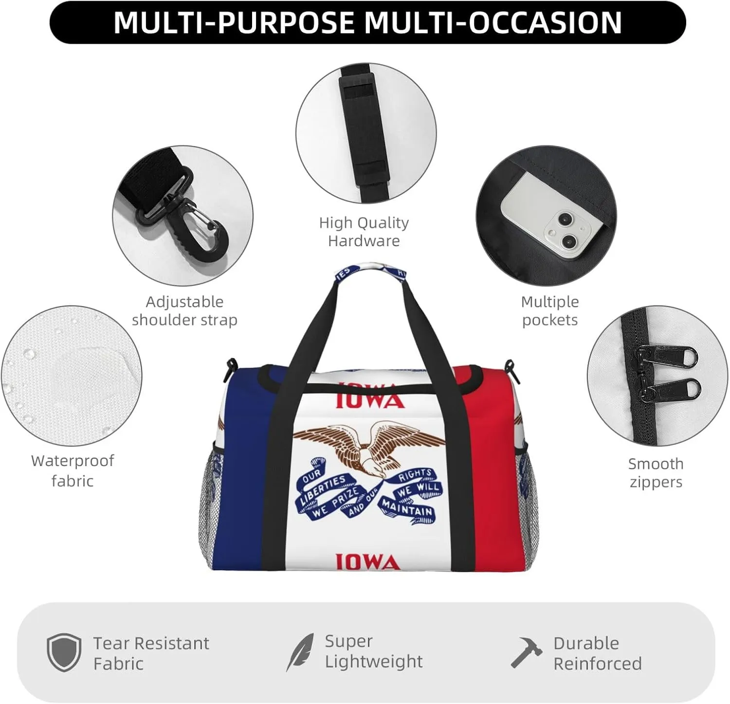 Flag Of Iowa Travel Duffel Bag Large Foldable Waterproof Overnight Bag For Beach Swim Bags Pool Sports Gym