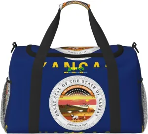 Flag Of Kansas Travel Duffel Bag Large Foldable Waterproof Overnight Bag For Beach Swim Bags Pool Sports Gym