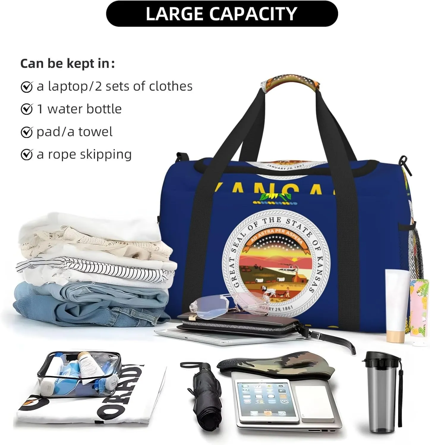 Flag Of Kansas Travel Duffel Bag Large Foldable Waterproof Overnight Bag For Beach Swim Bags Pool Sports Gym
