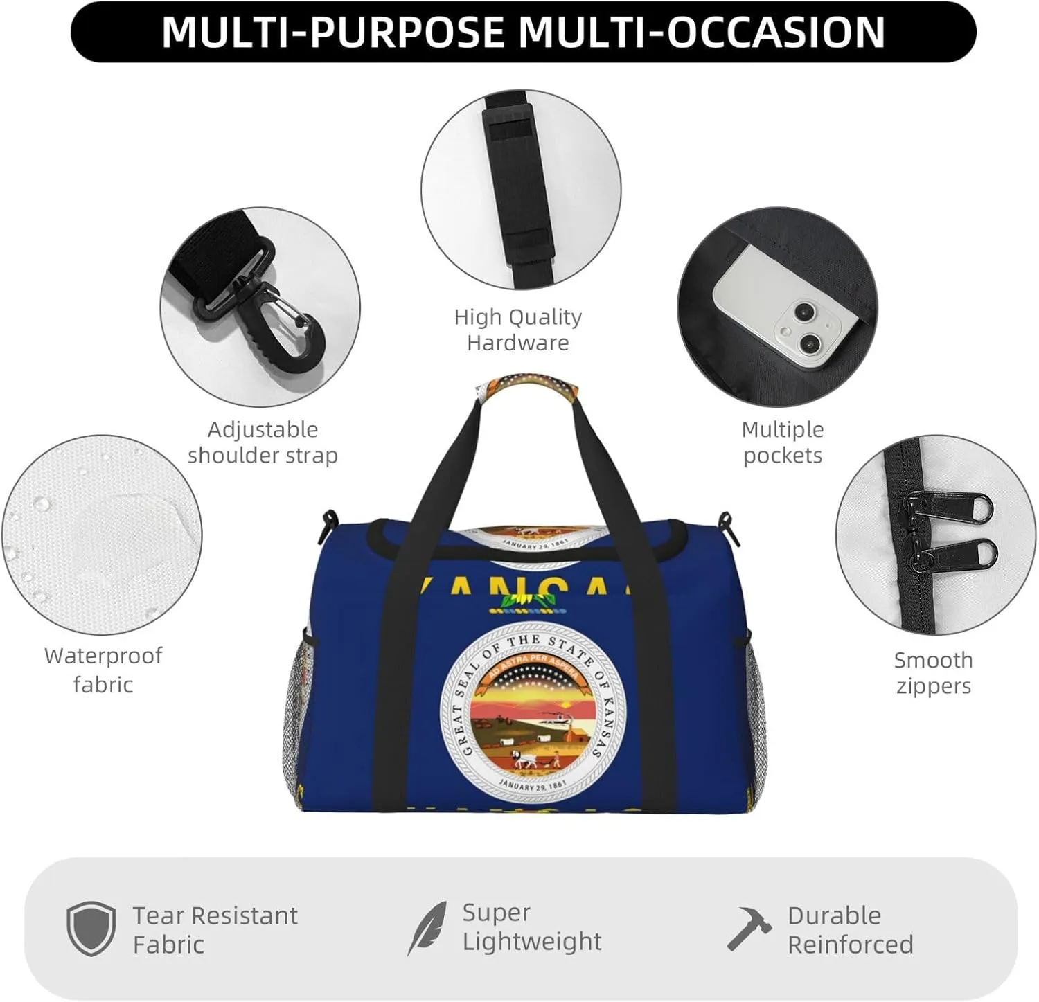 Flag Of Kansas Travel Duffel Bag Large Foldable Waterproof Overnight Bag For Beach Swim Bags Pool Sports Gym