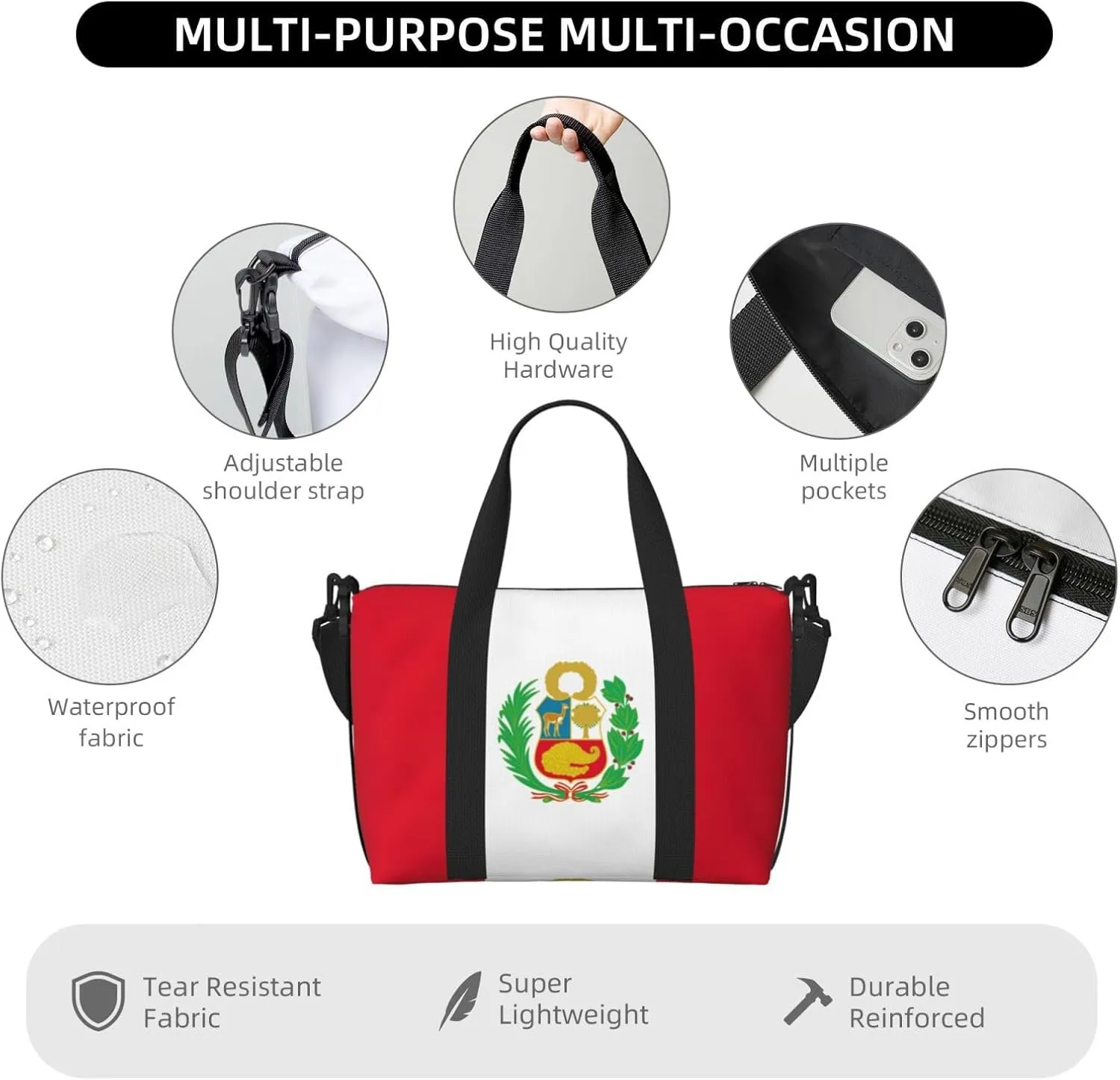 Flag Of Peru Women Travel Duffel Bag, Large Weekender Carry-On Tote, Gym Workout Bag,Mommy Hospital Bag