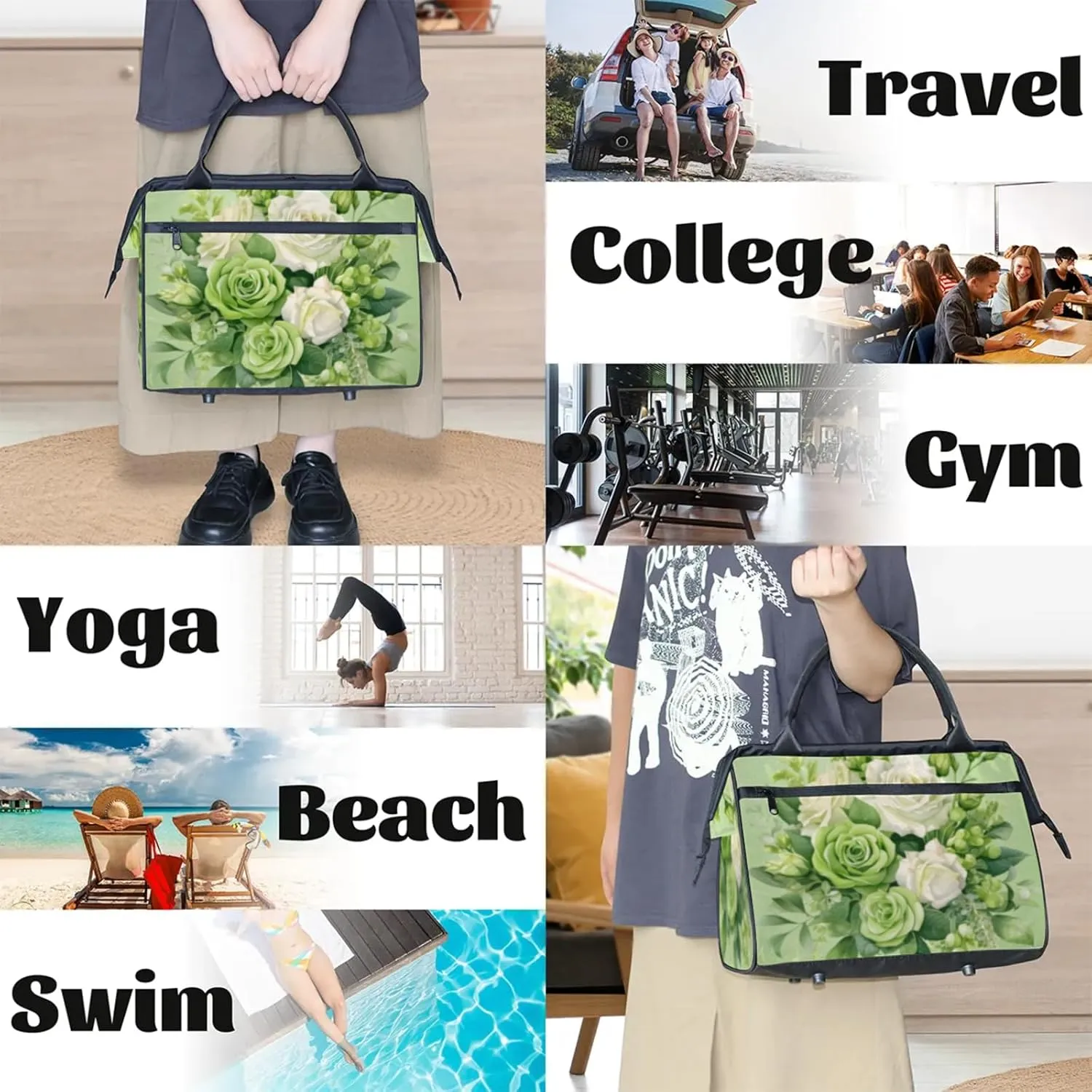 Flower Floral Gym Bag for Women Men Travel Sports Duffel Bag with Trolley Sleeve Waterproof Sports Gym Bag Weekender Overnight Bag Carry On Tote Bag for Travel Gym Sport