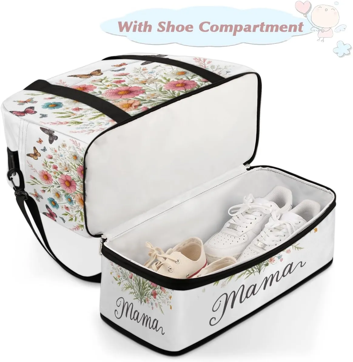 Flower Mother'S Day Butterfly Large Weekender Overnight Bags Travel Duffel Bag for Women Men Gym Bag With Shoe Compartment Foldie Travel Tote Bag Carry On Personal Item Bag for Travel Gym Sports