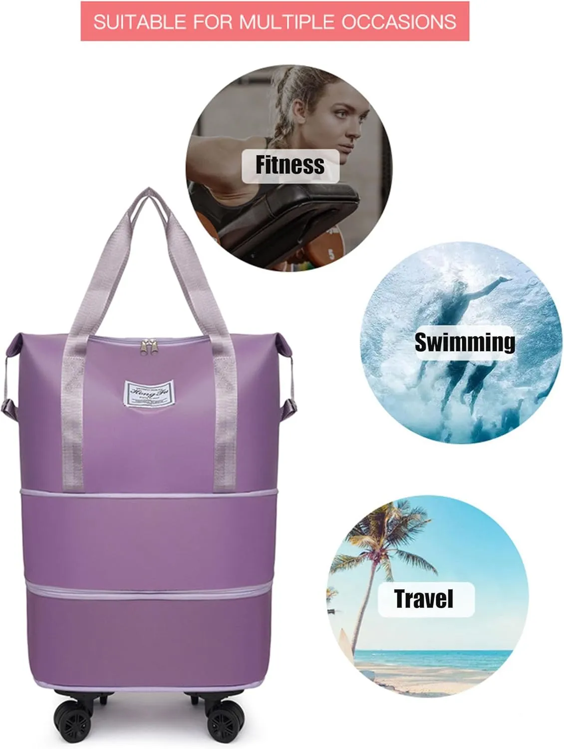 Foldable Tote Bag Expandable on Wheels, Beente Travel Bag with Removable Wheels, Dry And Wet Separation Waterproof Foldable Travel Bag Detachable Rolling (Black)