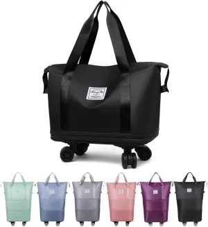 Foldable Tote Bag Expandable on Wheels, Beente Travel Bag with Removable Wheels, Dry And Wet Separation Waterproof Foldable Travel Bag Detachable Rolling (Black)
