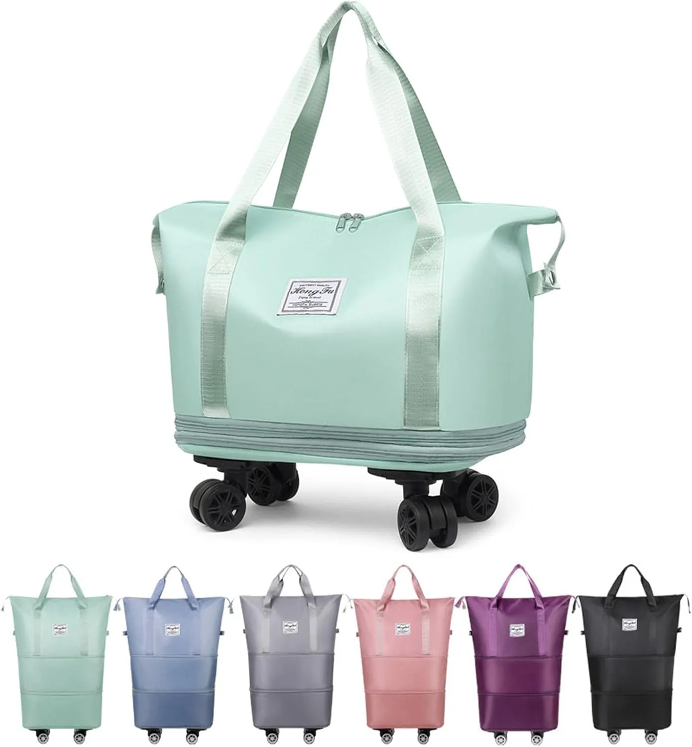 Foldable Tote Bag Expandable on Wheels, Beente Travel Bag with Removable Wheels, Dry And Wet Separation Waterproof Foldable Travel Bag Detachable Rolling (Green)