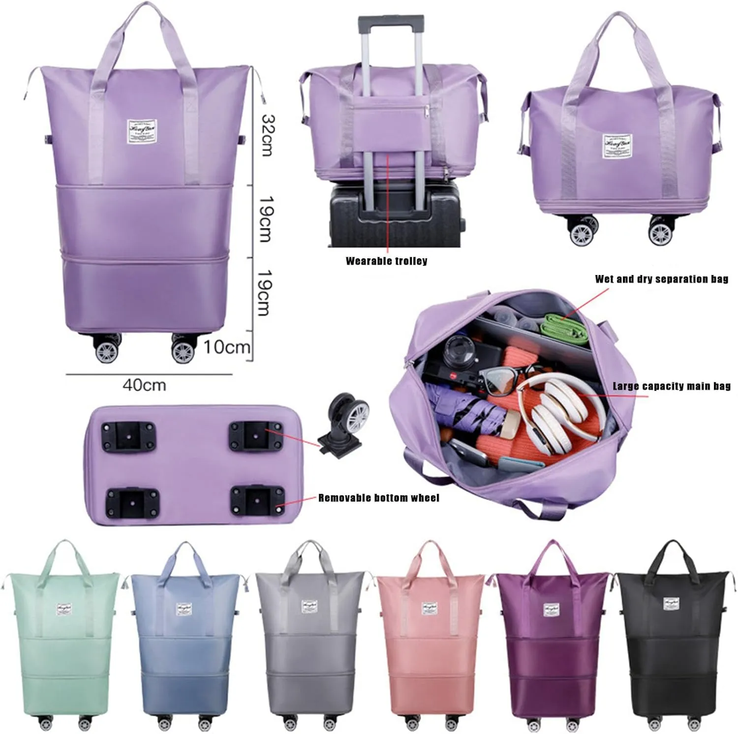 Foldable Tote Bag Expandable on Wheels, Beente Travel Bag with Removable Wheels, Dry And Wet Separation Waterproof Foldable Travel Bag Detachable Rolling (Light purple)