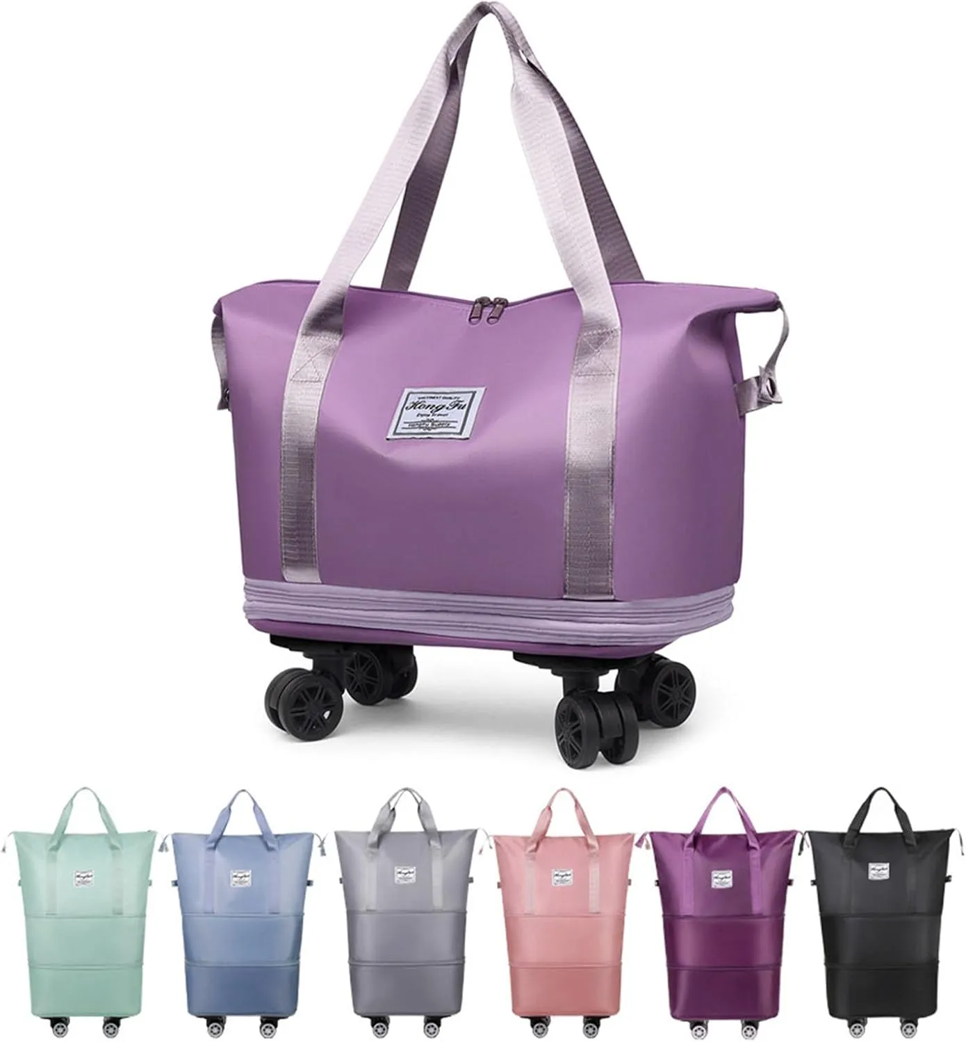 Foldable Tote Bag Expandable on Wheels, Beente Travel Bag with Removable Wheels, Dry And Wet Separation Waterproof Foldable Travel Bag Detachable Rolling (Light purple)
