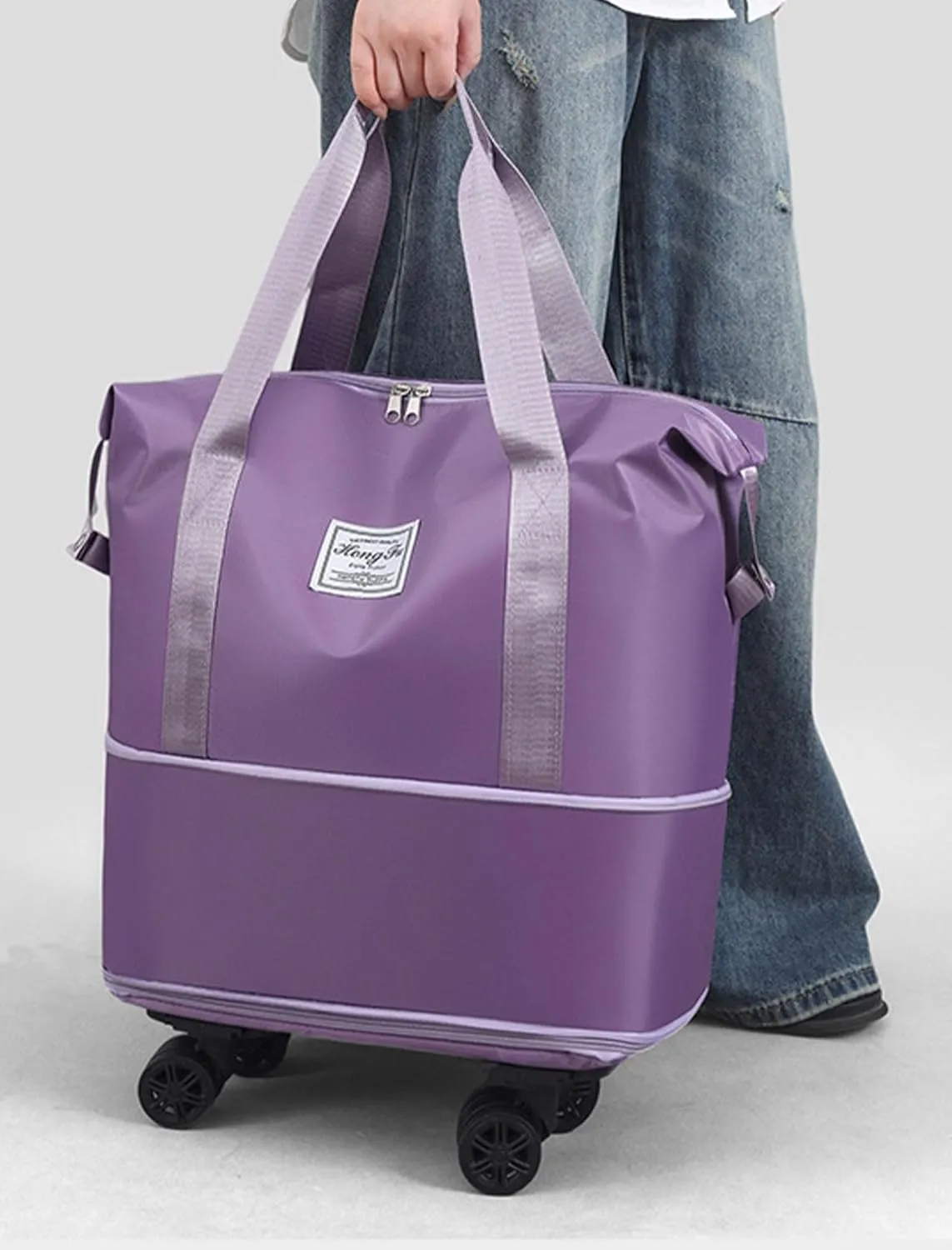 Foldable Tote Bag Expandable on Wheels, Beente Travel Bag with Removable Wheels, Dry And Wet Separation Waterproof Foldable Travel Bag Detachable Rolling (Light purple)