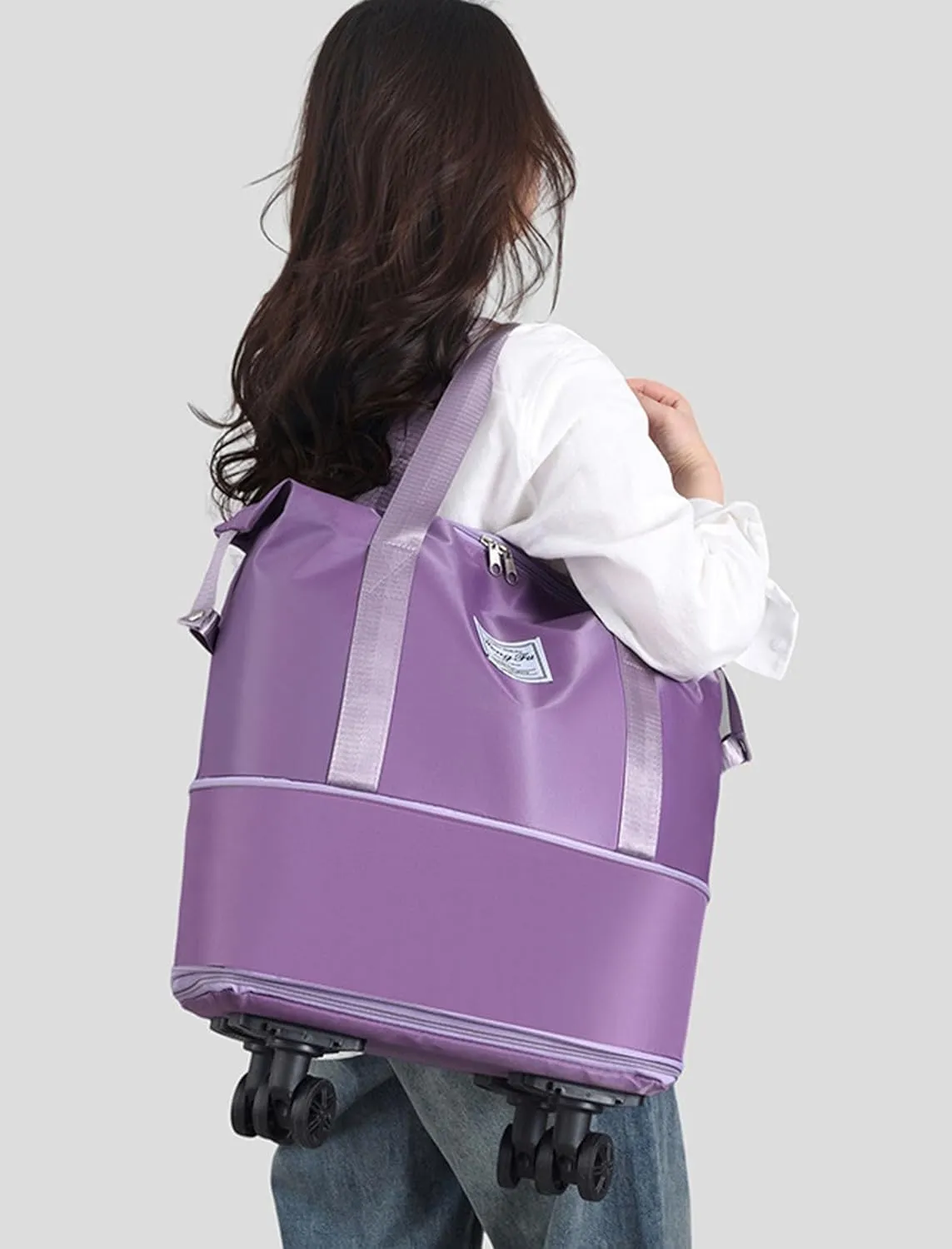 Foldable Tote Bag Expandable on Wheels, Beente Travel Bag with Removable Wheels, Dry And Wet Separation Waterproof Foldable Travel Bag Detachable Rolling (Light purple)