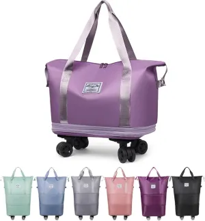 Foldable Tote Bag Expandable on Wheels, Beente Travel Bag with Removable Wheels, Dry And Wet Separation Waterproof Foldable Travel Bag Detachable Rolling (Light purple)
