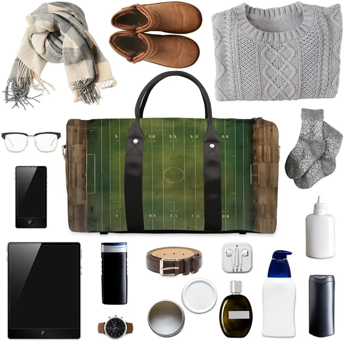 Football Field Print Travel Duffel Bag for Women Men Waterproof Foldable Overnight Weekender Bag Large Capacity Sports Gym Bag