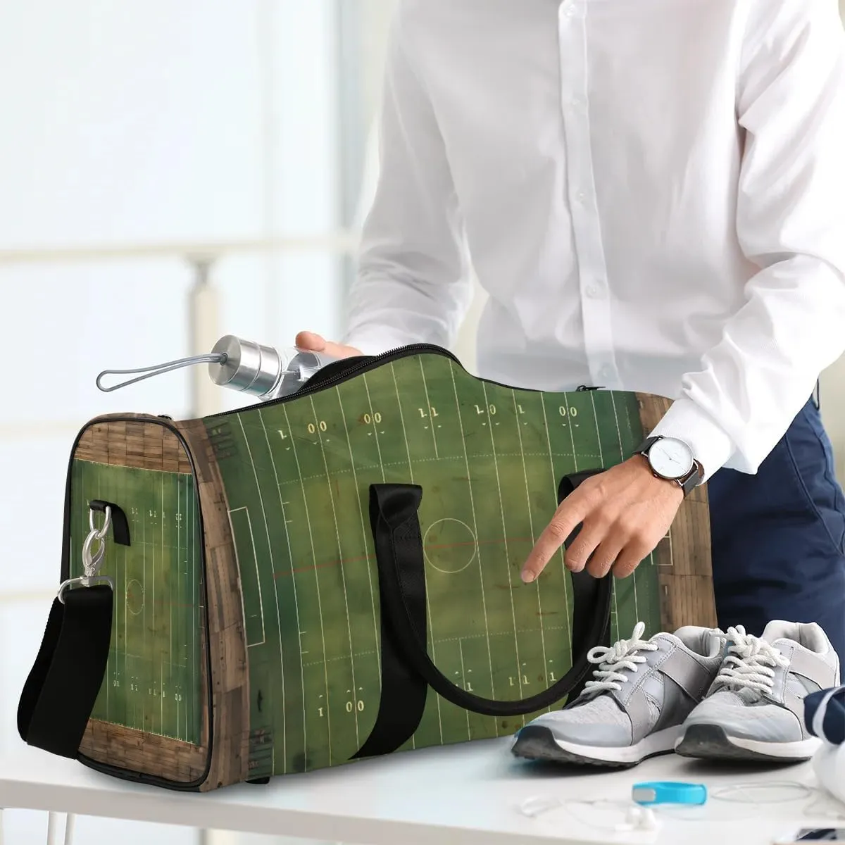 Football Field Print Travel Duffel Bag for Women Men Waterproof Foldable Overnight Weekender Bag Large Capacity Sports Gym Bag