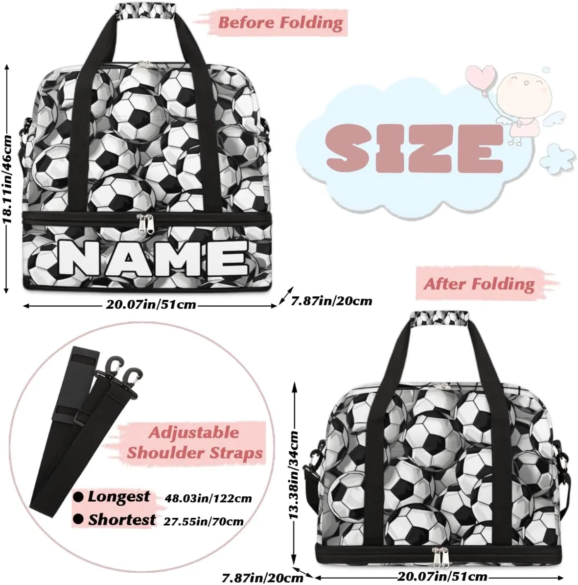 Footballs Custom Foldable Duffle Bag with Shoes Compartment Personalized Large Capacity Waterproof Travel Weekender Bag Overnight Bag for Sports Gym