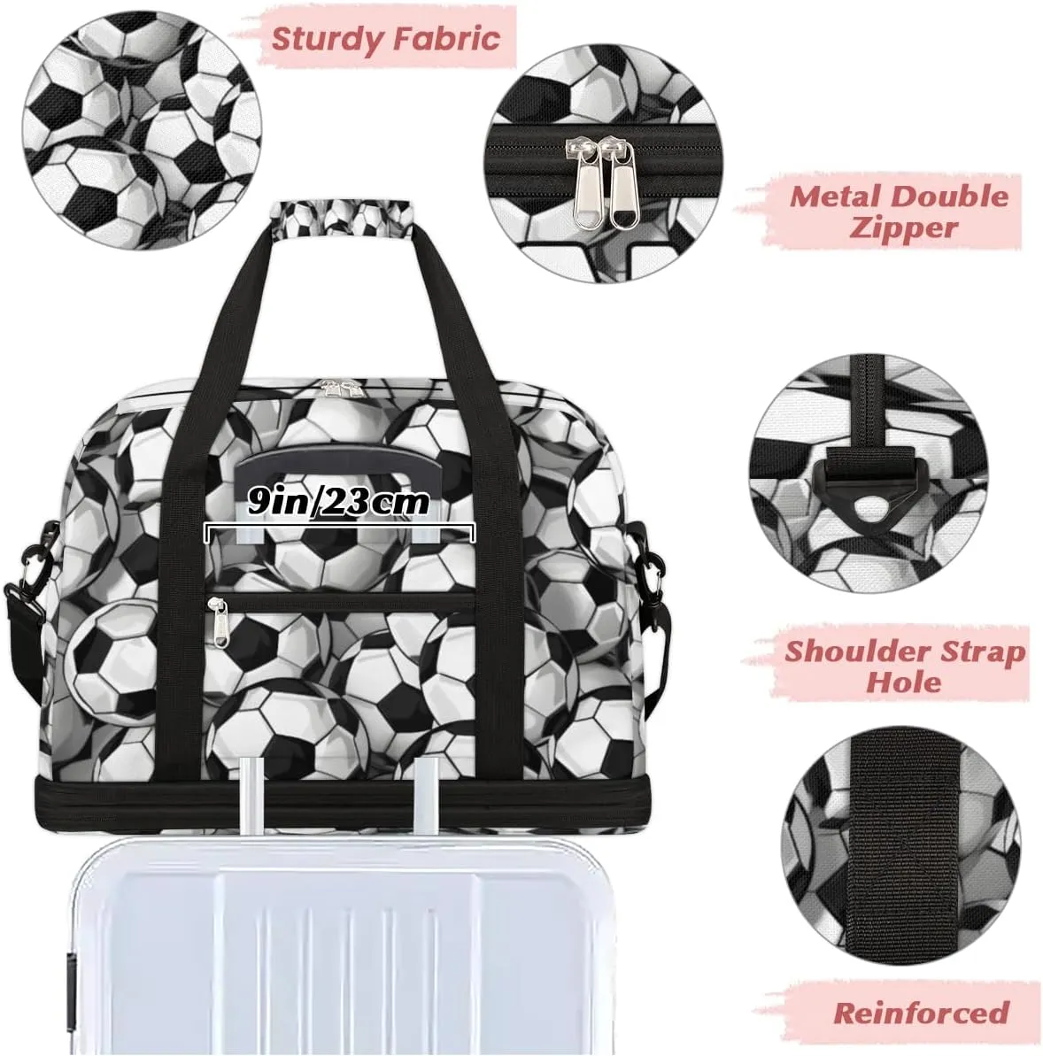 Footballs Custom Foldable Duffle Bag with Shoes Compartment Personalized Large Capacity Waterproof Travel Weekender Bag Overnight Bag for Sports Gym